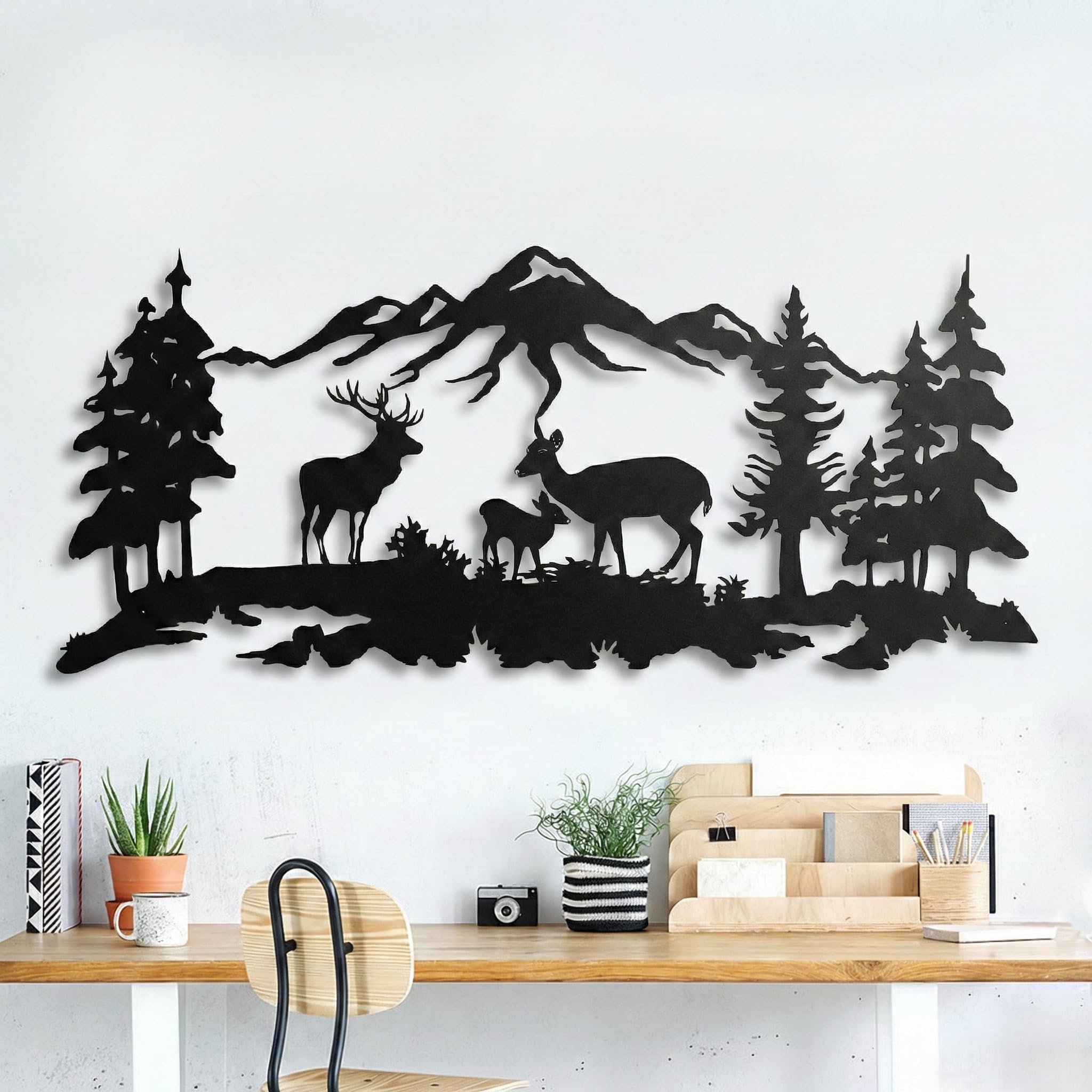 DEKADRON Arte da parete in metallo, decorazione da parete per la famiglia dei cervi, decorazione per alberi in metallo, (60 x 26 cm)