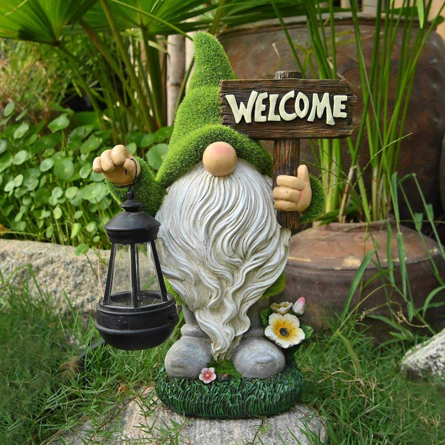 Gnomo Floccato Statue da Giardino Solare Decorazioni per Esterni Gnomo Floccato con Statuetta A Lanterna Solare Nani Ornamenti da Giardino Jardim