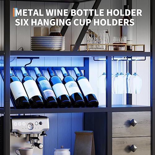Miniatura 5 de GarveeHome Gabinete de bar de vinos con luces LED, estación alta de barra de café con tomas de corriente y estante de vino, soporte de microondas de