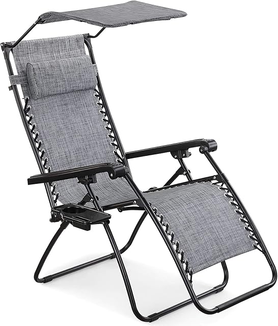 VonHaus Zero Gravity Chair with Canopy - Textoline Sun Lounger  Weather Resistant & Heavy Duty Recliner Sunlounger - Folding Garden Chair w/Sun Shade for Patio, Balcony, Terrace & Outdoor Spaces