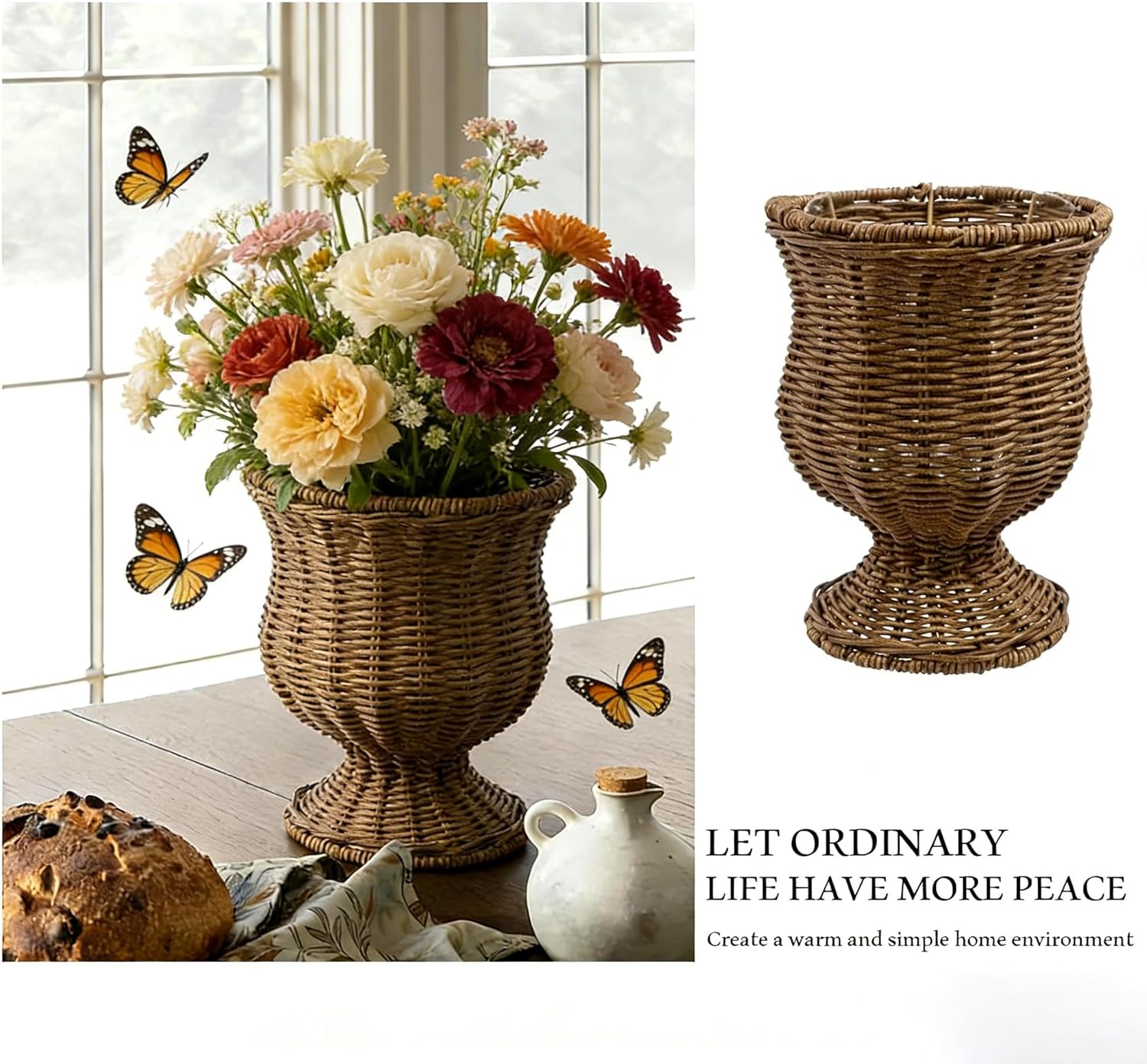 Wicker Urn Planter, 8'' Woven Rattan Planter with Leakproof Lining, Decorative Wicker Flower Pot & Wickers Vase for Flowers, Indoor Outdoor Urn Planter for Porch Patio Garden Balcony Decor