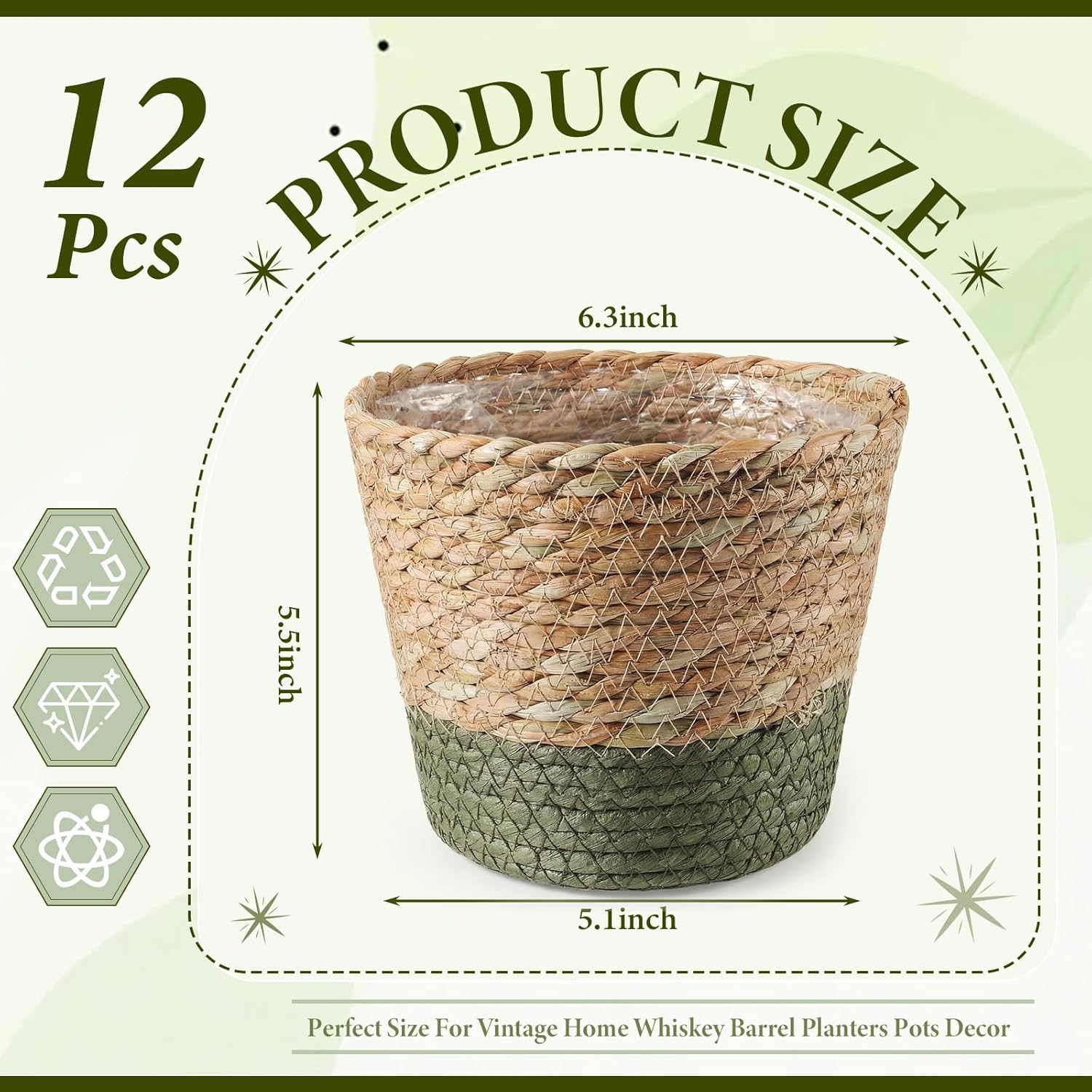 12 Pcs Seagrass Plant Basket with Plastic Liners Woven Stylish Planter Baskets Bulk Indoor Outdoor Plants Woven Wicker Baskets for Flower Pots Cover and Room Decor Small (Small,Farmhouse)