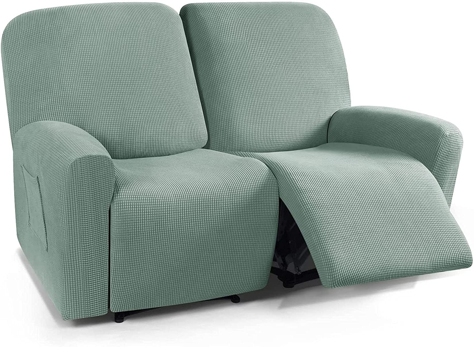 Stretch 2 Seater Recliner Cover, Stretch Jacquard Fabric 6 Piece Electric Recliner Cover, Non Slip with Side Pocket Recliner Cover-green-6-piece