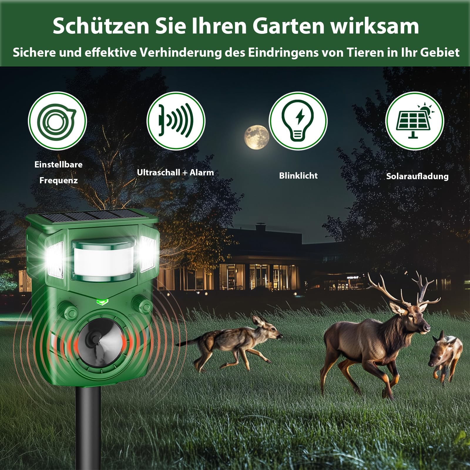 Ahuyentador de gatos ultrasónico solar – 2025 sensor de movimiento mejorado disuasivo para gatos, perros, martas, ciervos y ardillas, protección contra animales con sensor PIR y flash, IP65 resistente