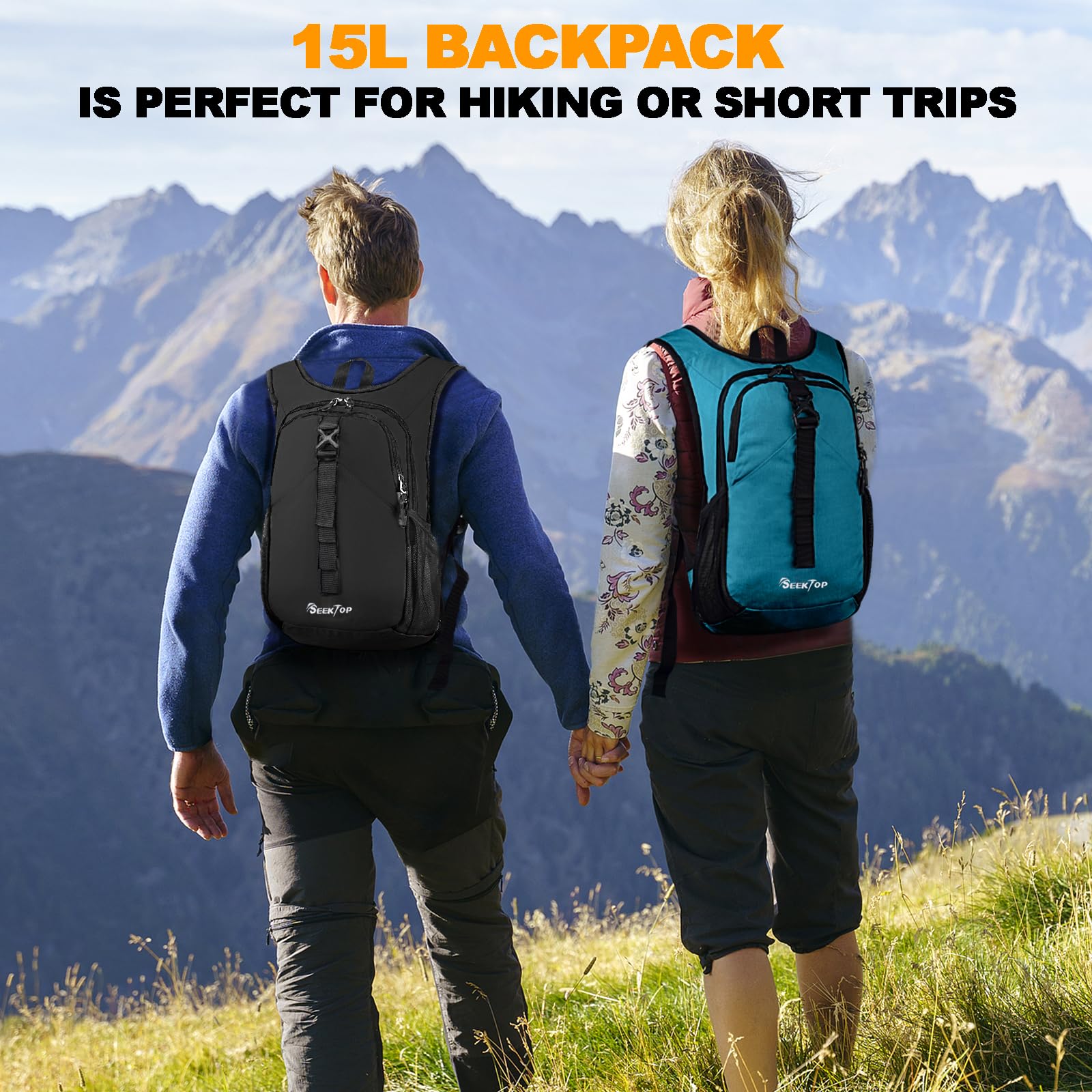Mochila de senderismo pequeña de 15 litros para mujeres y hombres, mochila ligera para senderismo plegable con bolsillo para teléfono para viajes y campamento, Negro -, Senderismo, camping 7