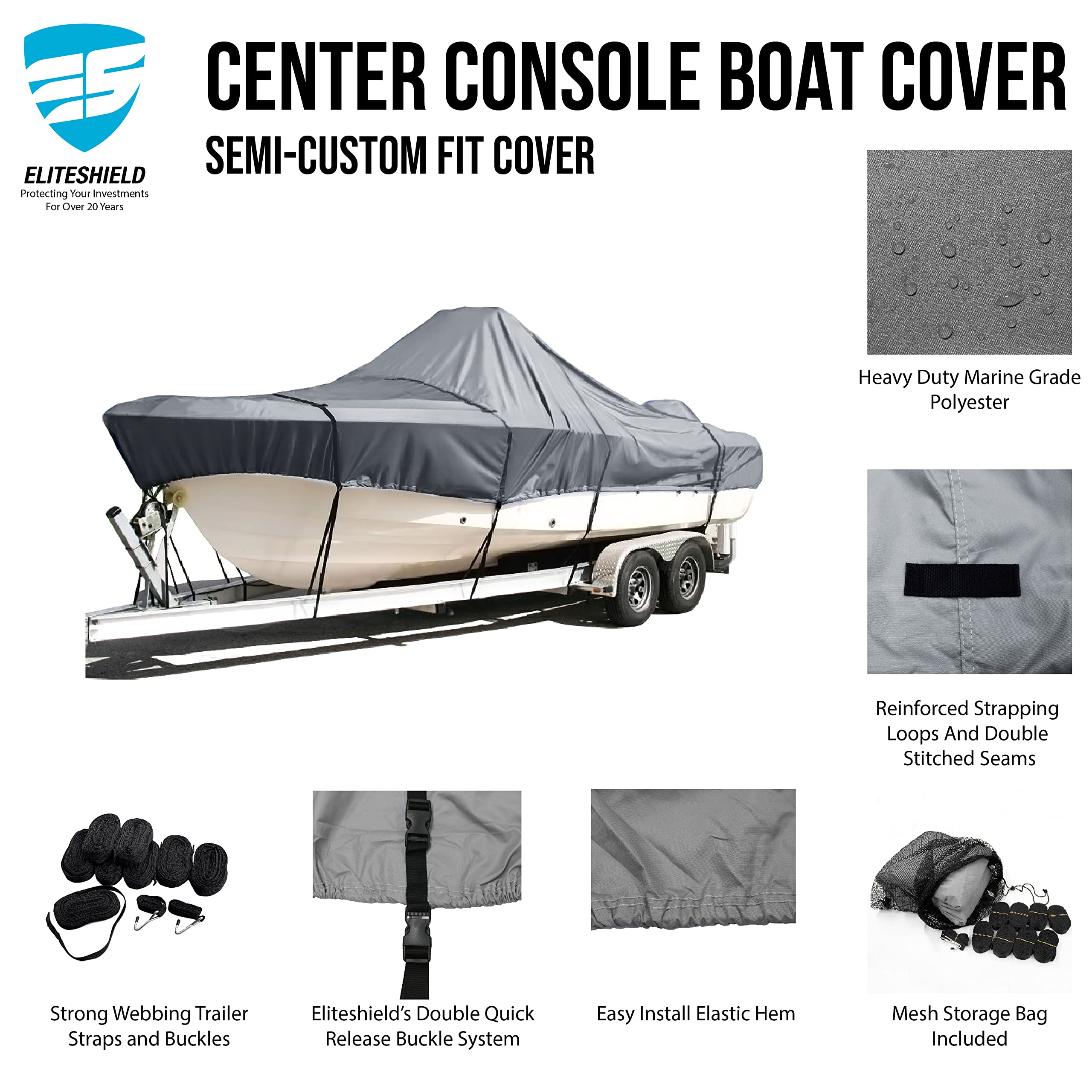 EliteShield Trailerable Center Console Boat Cover, Heavy Duty 600D Polyester Canvas Waterproof Boat Cover Fits V-Hull Center Console Boat Without Bow Rail 19ft-20ft Long, Beam Width 106