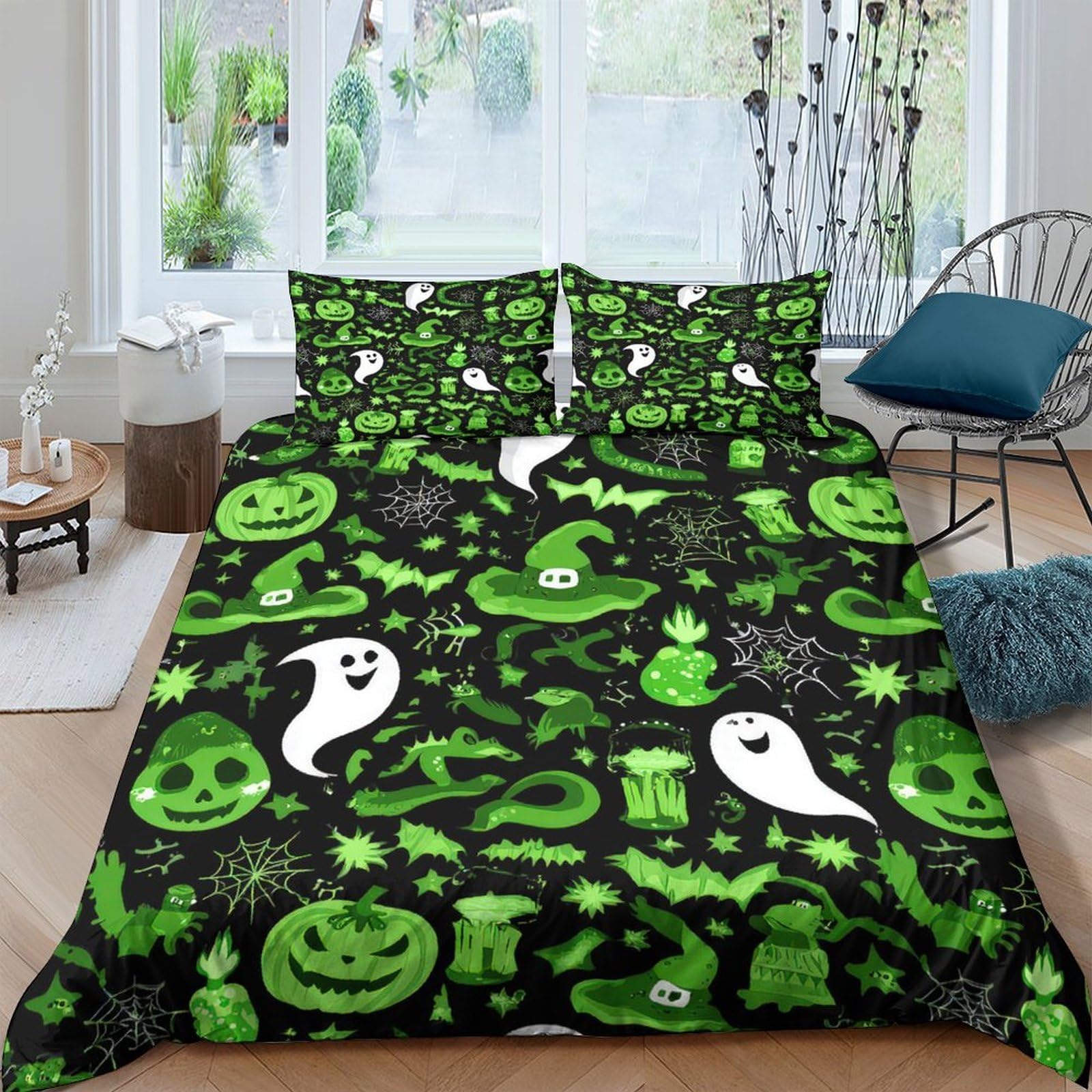 Ctjqhvkz Style-8 3D Printed Halloween Ghost Pumpkin Fitted Sheet Microfiber Green Bed Sheet For Bedroom Guest Room Decor Single（135X200cm）