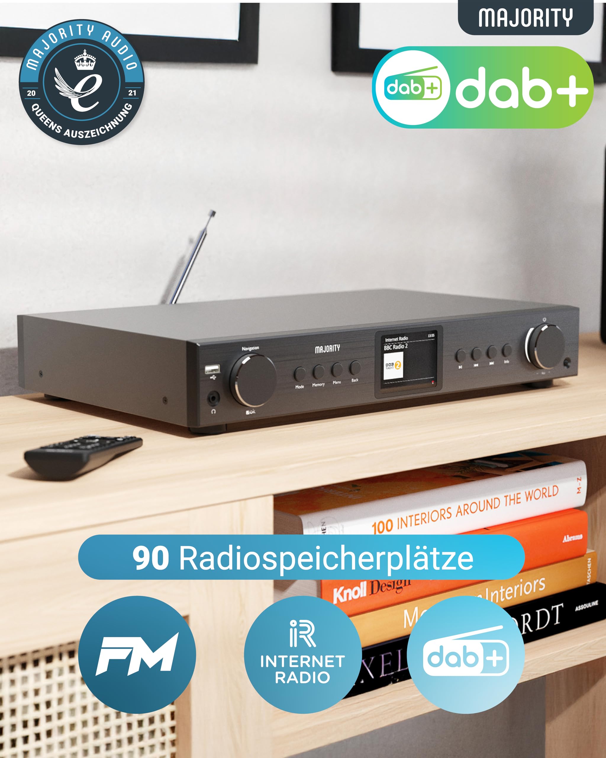 Radio DAB Plus Internetradio WLAN Tuner | DAB+ Internet Radio Receiver | Empfänger für Stereoanlage | Internetradio Adapter HiFi-Tuner mit Spotify Connect & Podcasts | MAJORITY Fitzwilliam (Schwarz)
