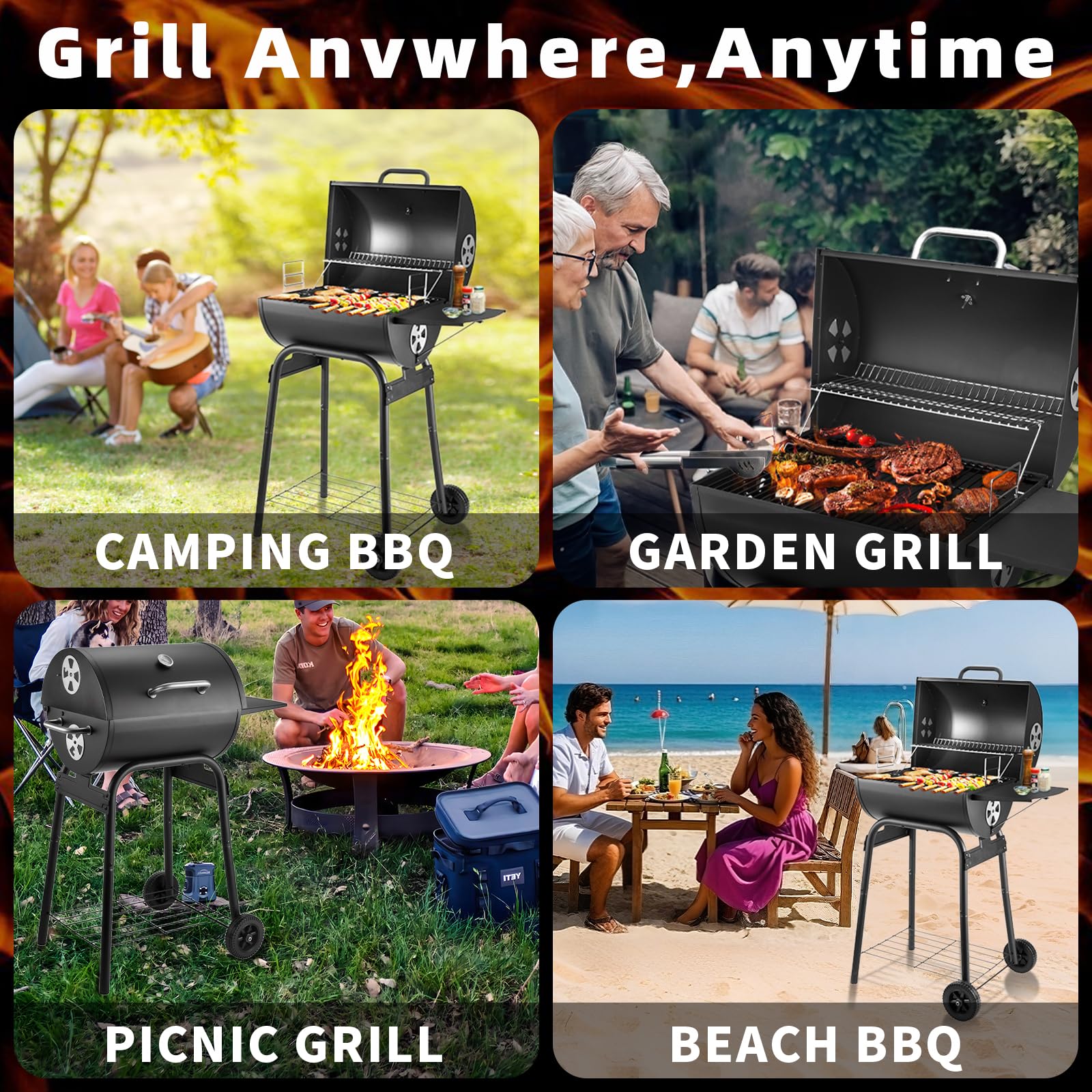 Holzkohlegrill - Holzkohle Grillwagen mit Deckel | Smoker Grill Griff, Grillrost und Thermometer, Holzkohlegrill groß, Holzkohles Kohlegrill BBQ Grill Gartengrill Holzkohle Schwarz