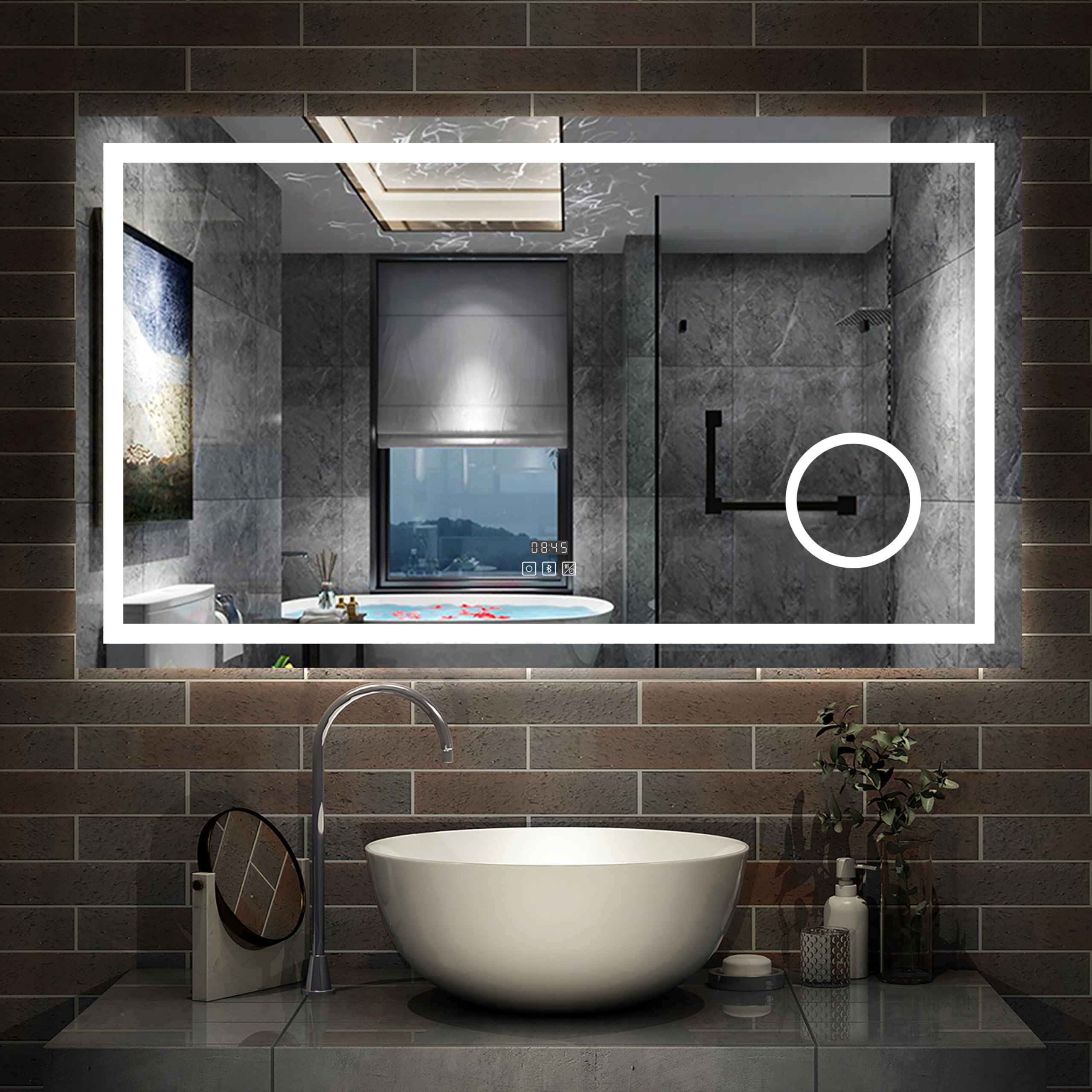 AICA Miroir Salle de Bain 120 x 70cm,Miroir Lumineux LED 3 Couleurs | Bluetooth + Dimmable + Grossissant + Horloge + Anti-buée + Mémoire,Miroir Mural avec Éclairage Interrupteur Tactile Étanche