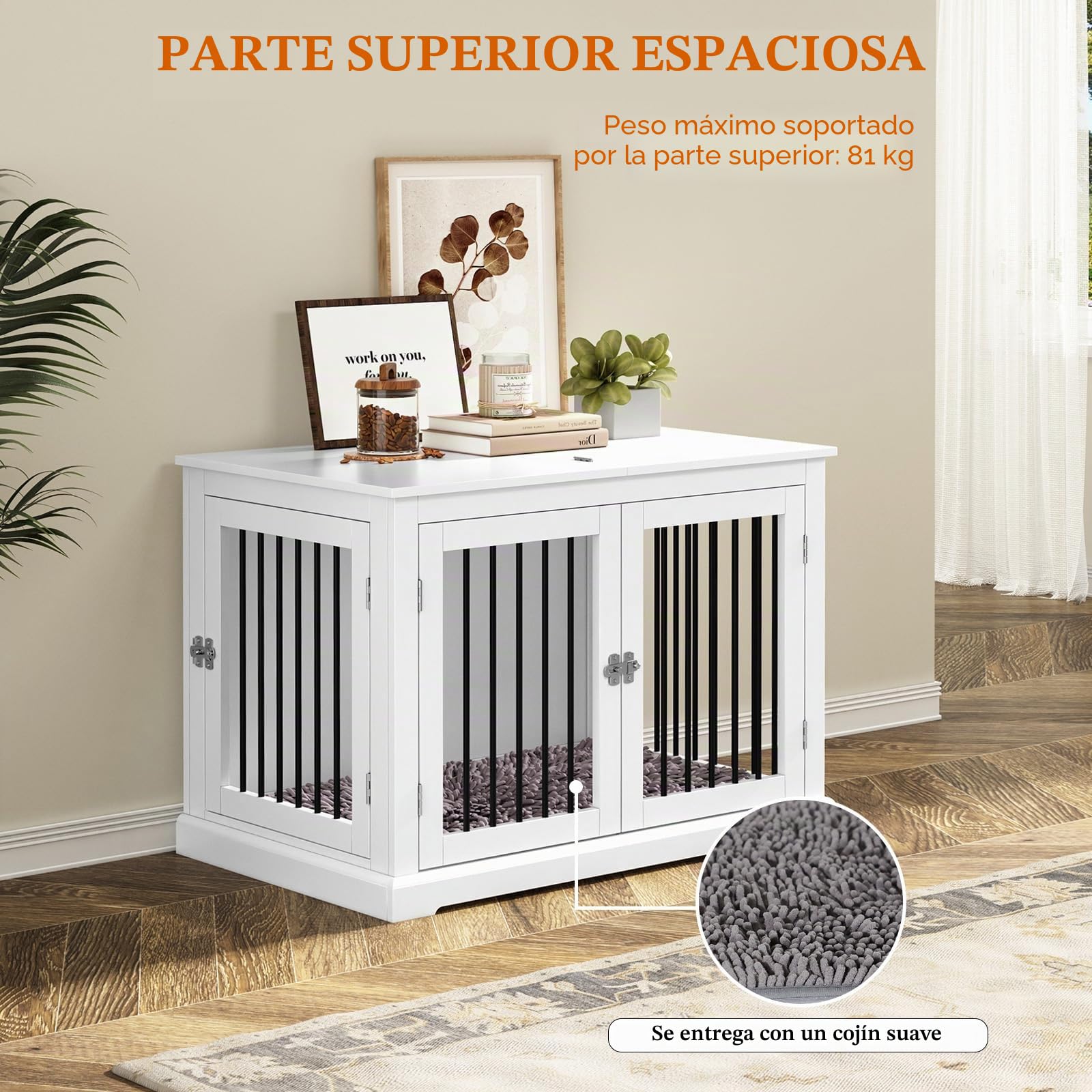 HOLTICO Mueble Jaula para Perros Grandes,Tapa Abatible,Tubos de Metal Antimordeduras,Doble Puerta,Incluye Cojín,Interiores,Mesa Auxiliar Salón,98x71.2x79cm,Blanco