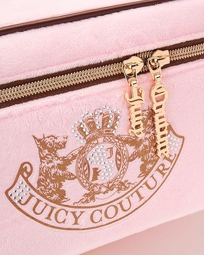 Miniatura 3 de Juicy Couture Bolsa de maquillaje rosa Organizador de cosméticos Viaje Esenciales Tren Estuche Oro Terroir Perro Rhinestone Corona Terciopelo
