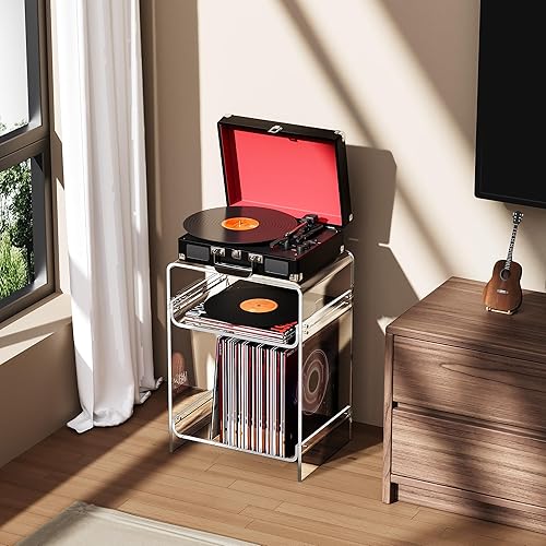Miniatura 80 de Mesa de tocadiscos de acrílico con estante de almacenamiento, mesa auxiliar transparente (naranja, grande) Naranja,Negro -,Claro,Azul