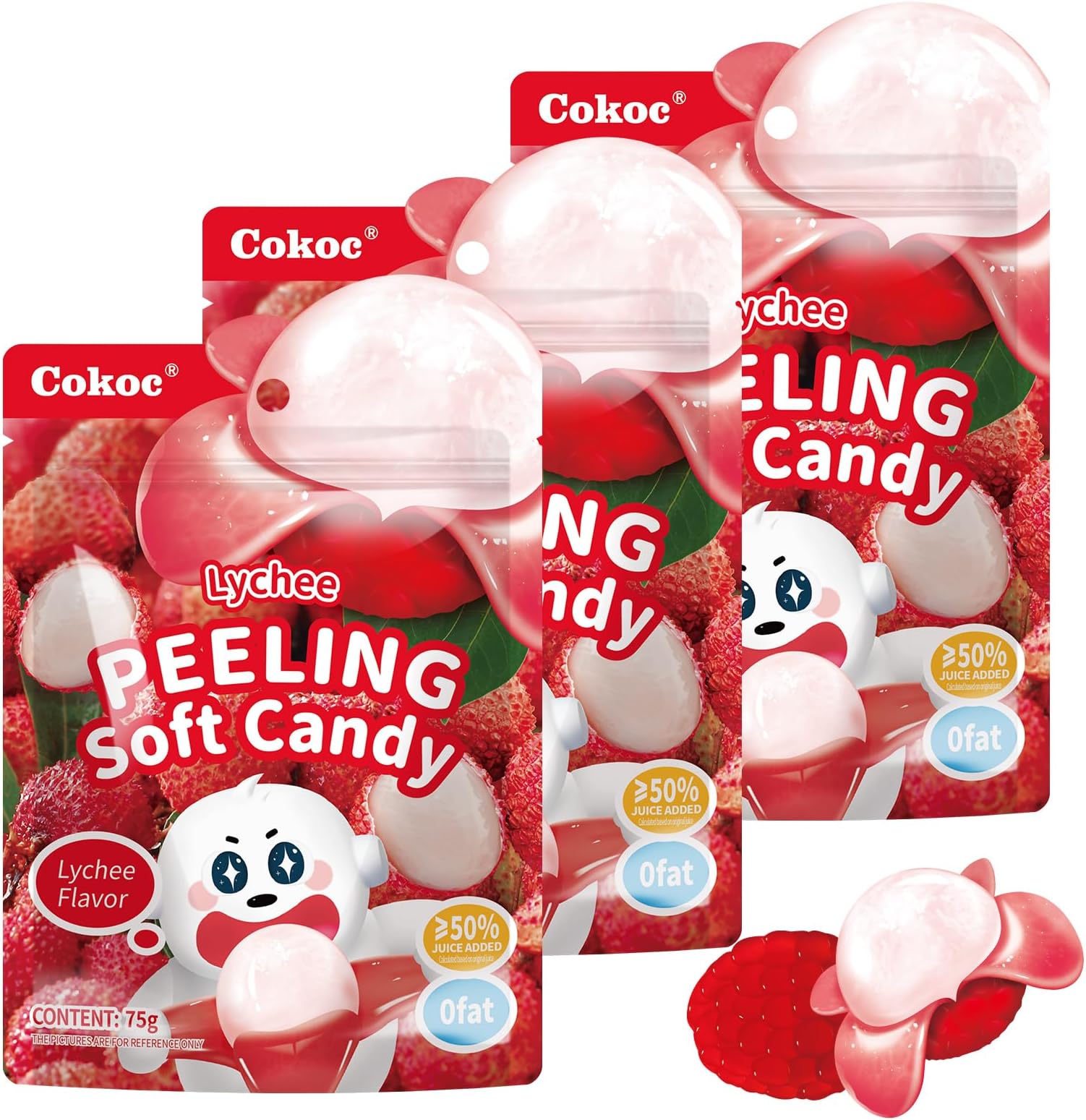COKOC Peelable Lychee Gummies, Peeling Fruit-Shaped Candy, 7.93oz Individual Packs-Fun Peeling Gummy Snack Made with Real Juice(Pack of 3) Easter Candy Bag