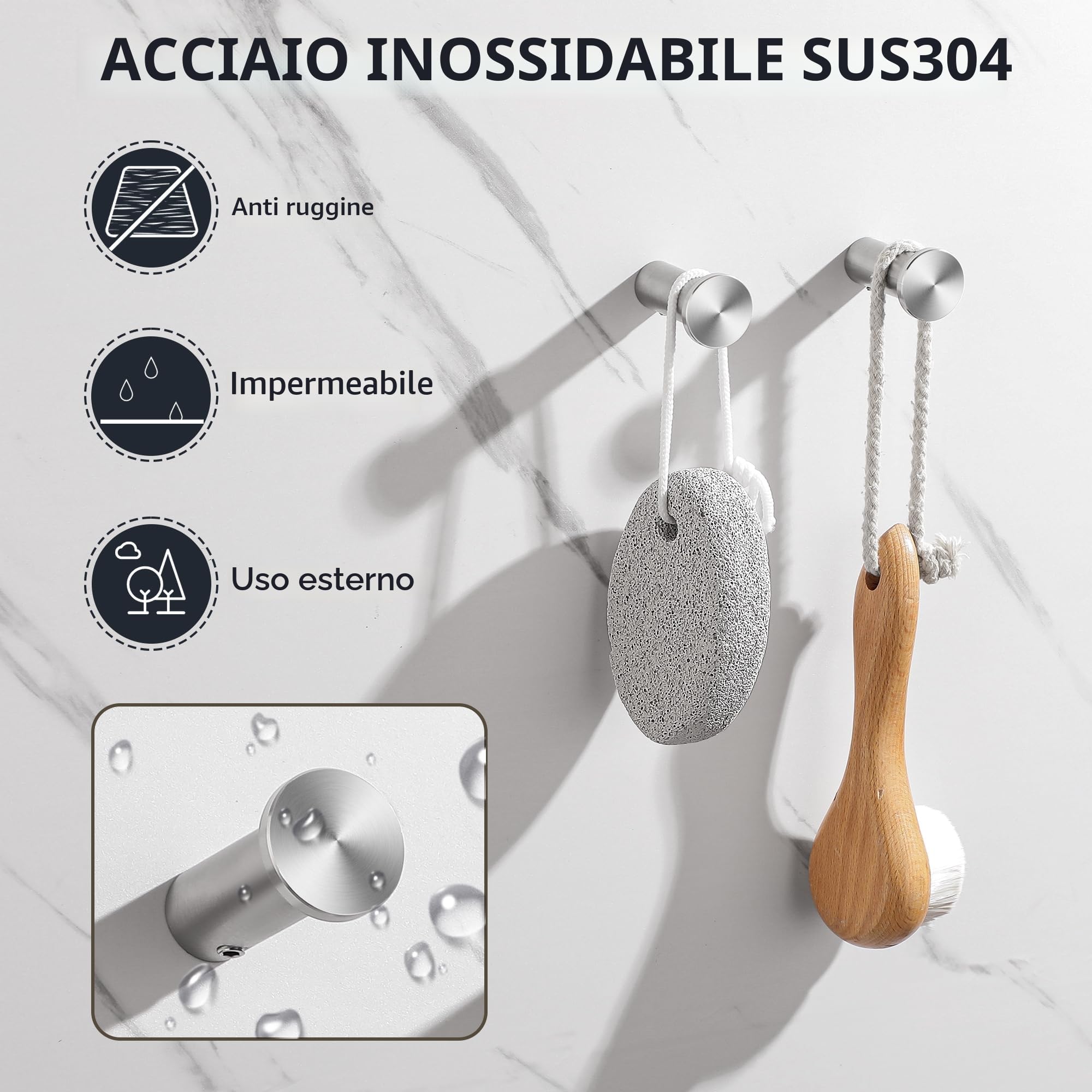 SAYAYO Ganci Accappatoio Bagno in Acciaio Inox Gancio Appendiabiti, Appendi Strofinacci Cucina Ganci da Parete Appendi Accappatoio Bagno Capacità Carico 15 kg, 2 Pezzi, Argento