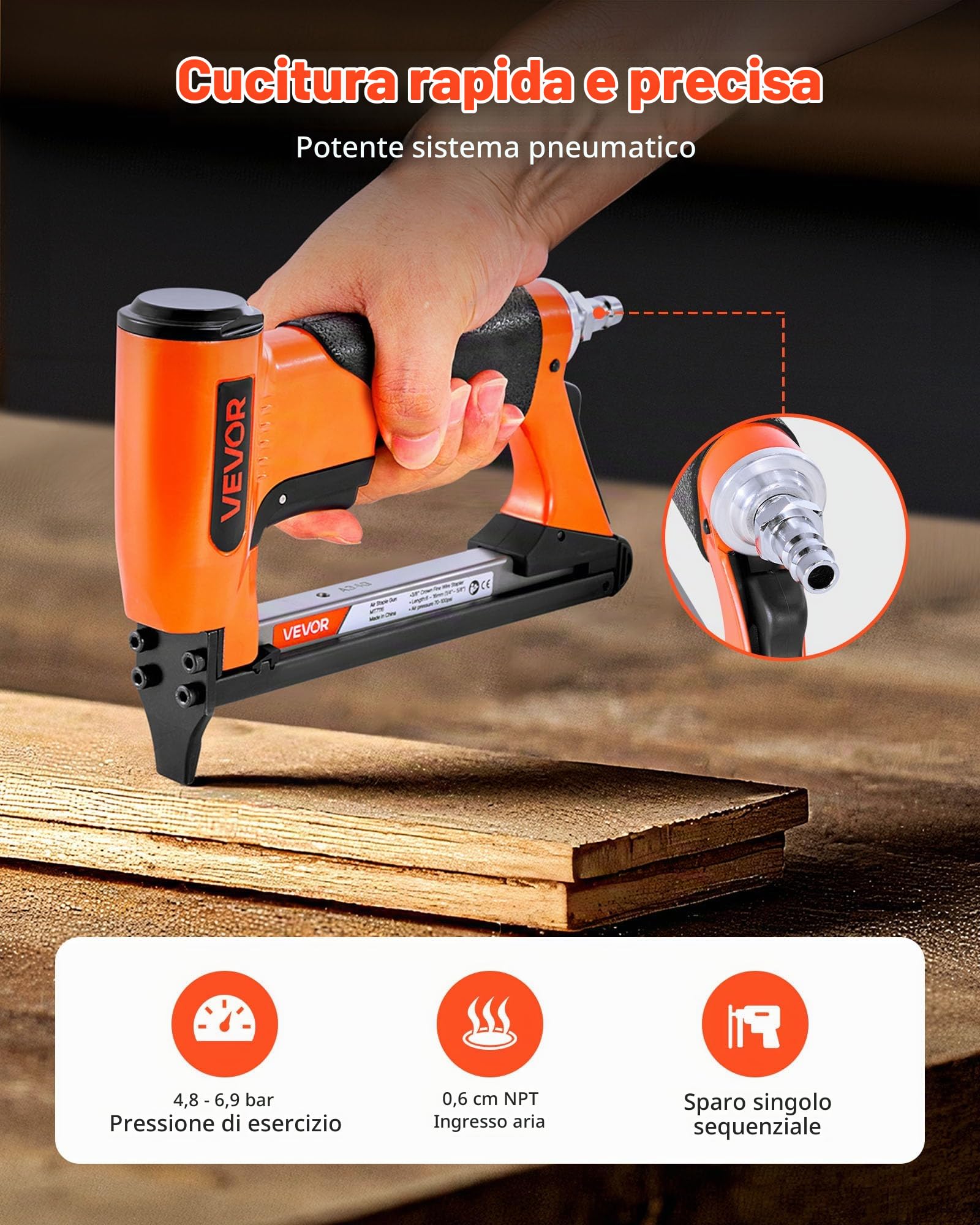 VEVOR Chiodatrice Pneumatica, per Tappezzeria Calibro 22 per Punti Metallici a Filo Sottile Serie 71, Corona da 9,5 mm, Caricamento Massimo di 180 Pezzi, Spillatrice Pneumatica per Tappezzeria