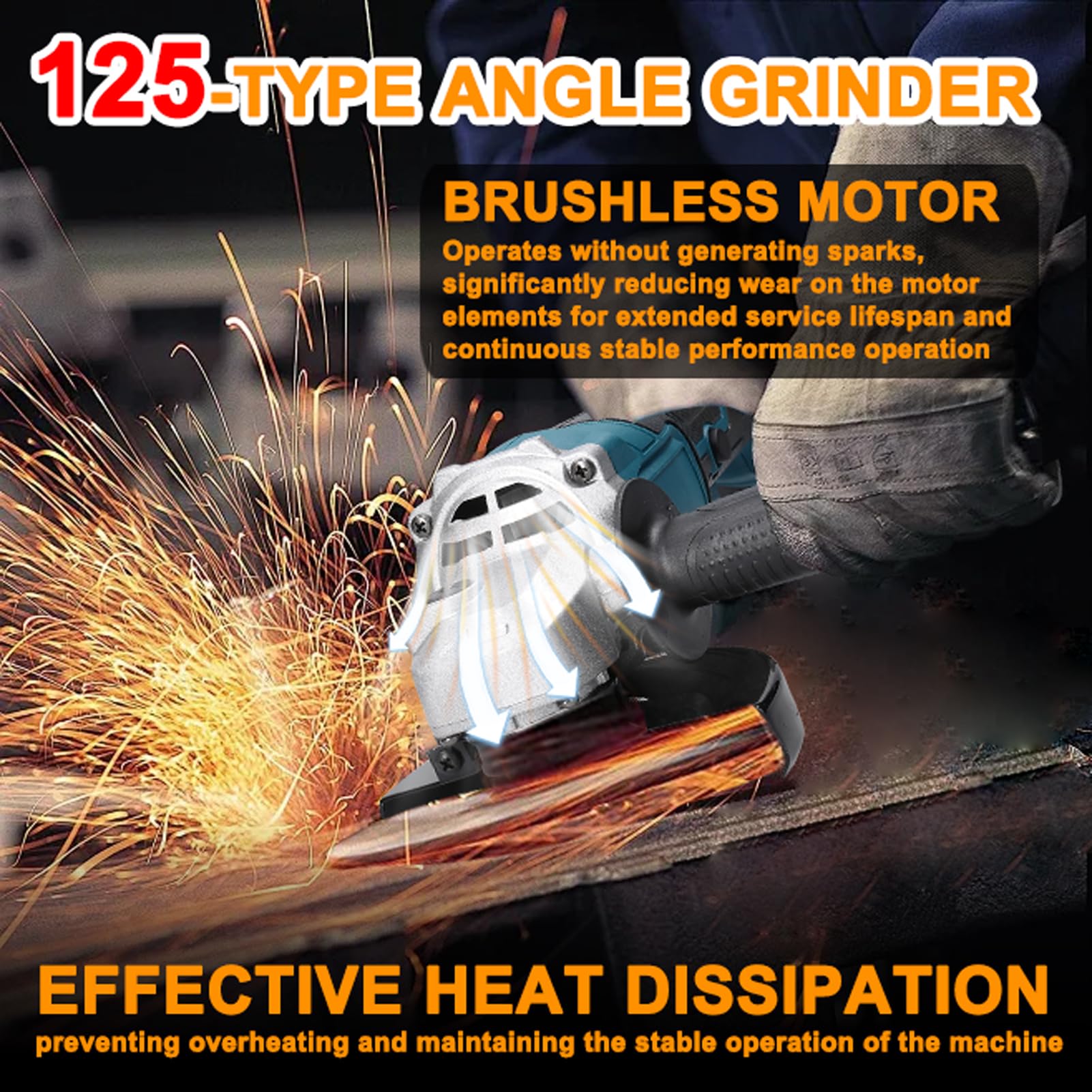 Weytoll Amoladora angular inalámbrica 125 mm, 21 V, motor sin escobillas, 2 baterías 1300 mAh, deflector grueso, mango auxiliar, velocidad regulable, bloqueo husillo