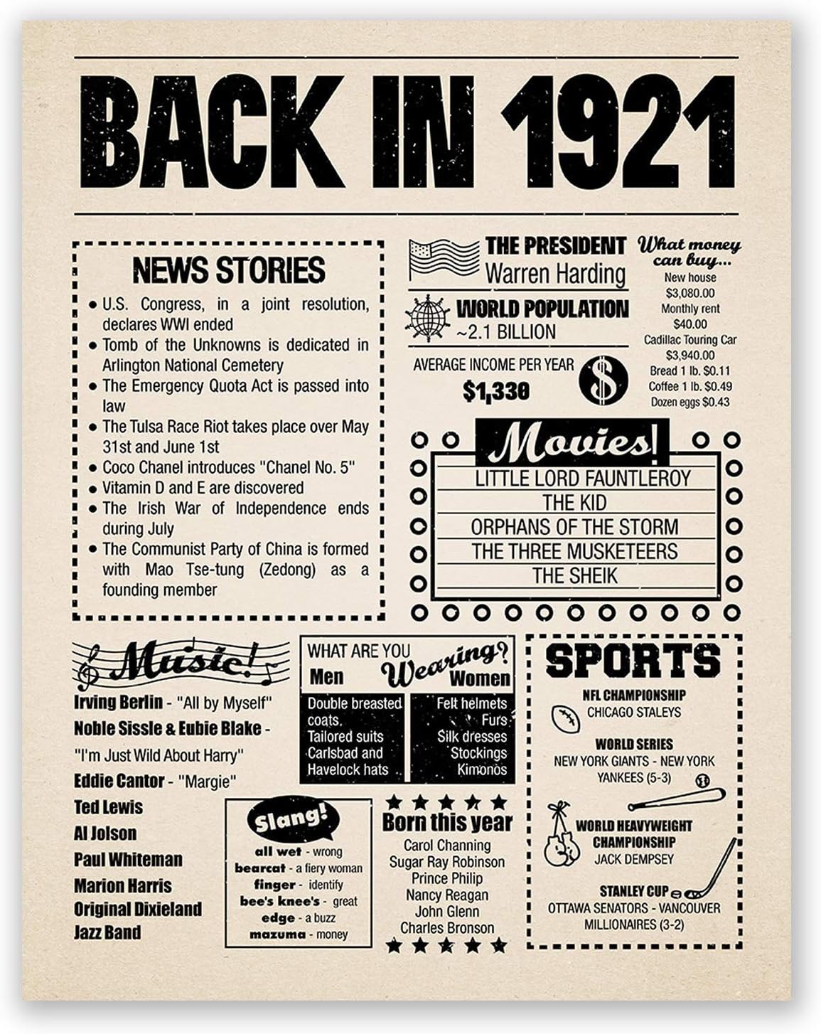 8x10 1921 Birthday Gift // Back in 1921 Newspaper Poster // 103rd Birthday Gift // 103rd Party Decoration // 103rd Birthday Sign // Born in 1921 Print (8x10, Newspaper, 1921)