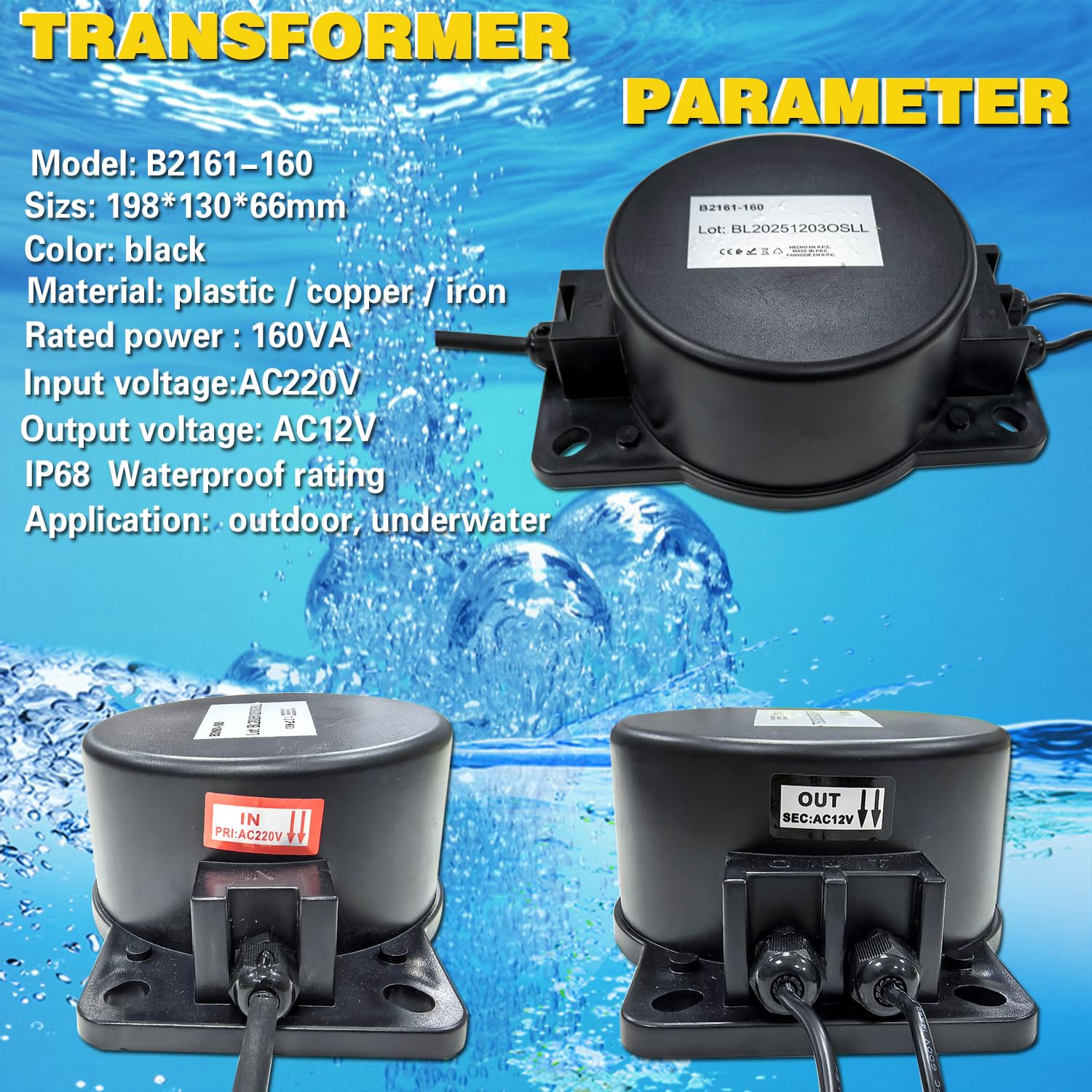 BARCELONA LED Transformateur 160W AC220V vers AC12V IP67 Étanche pour Éclairage LED Piscine Alimentation 12V AC Projecteurs Piscine Submersibles Fontaine Bassin Jardin