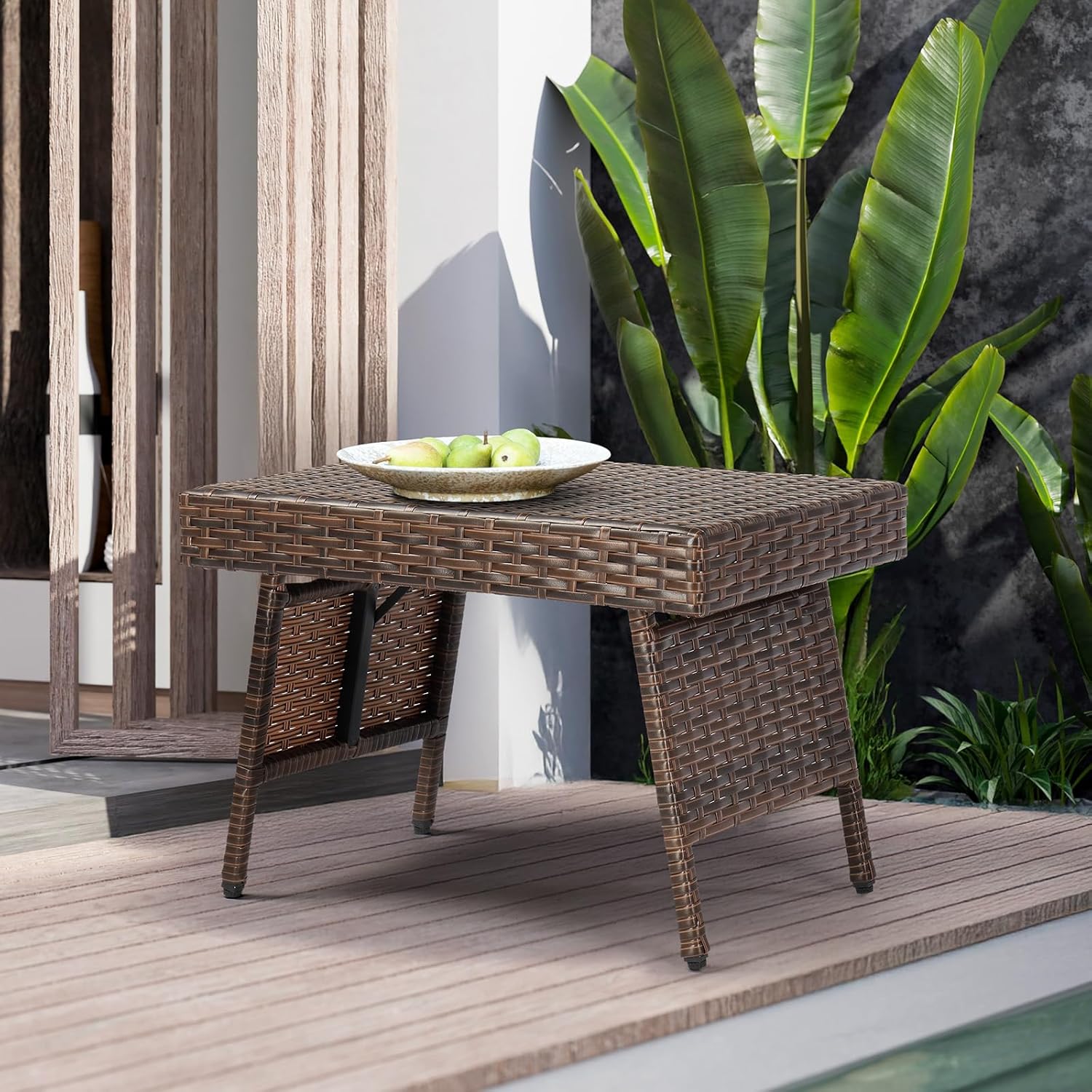 Outdoor Folding Side Table, Patio Rattan Coffee Table with PE Wicker & High-Duty Steel Frame for Garden Courtyard Poolside, Brown