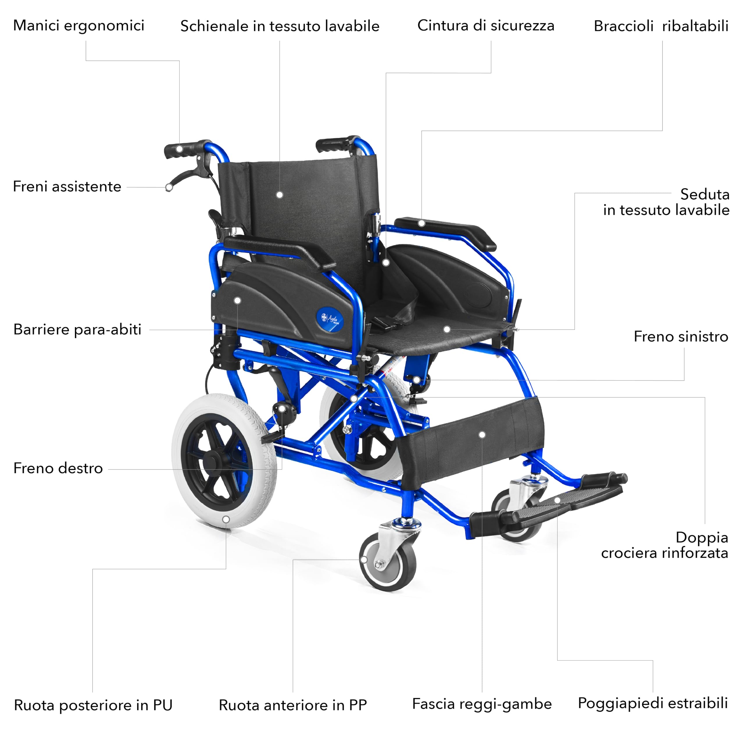 AIESI® Sedia a Rotelle pieghevole super-leggera da transito in alluminio con freno per disabili ed anziani AGILA TRANSIT, Doppio sistema di frenata, Cintura di sicurezza, Garanzia Italia 24 mesi