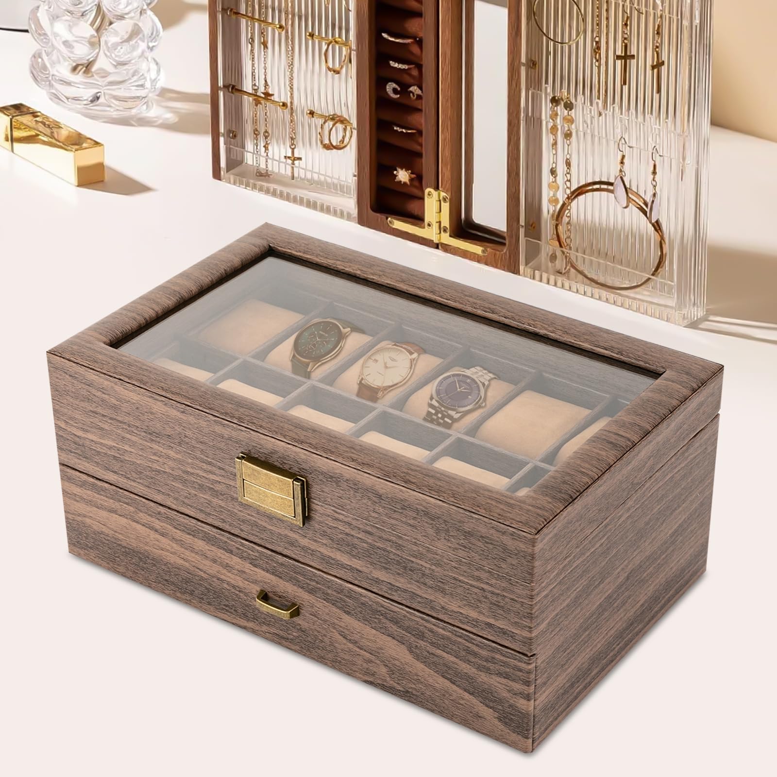 Caja para relojes con 24 compartimentos de madera, organizador para hombres y mujeres, hoja de cristal para guardar relojes, caja de almacenamiento para relojes y joyas, caja de regalo, 34 x 21 x 15