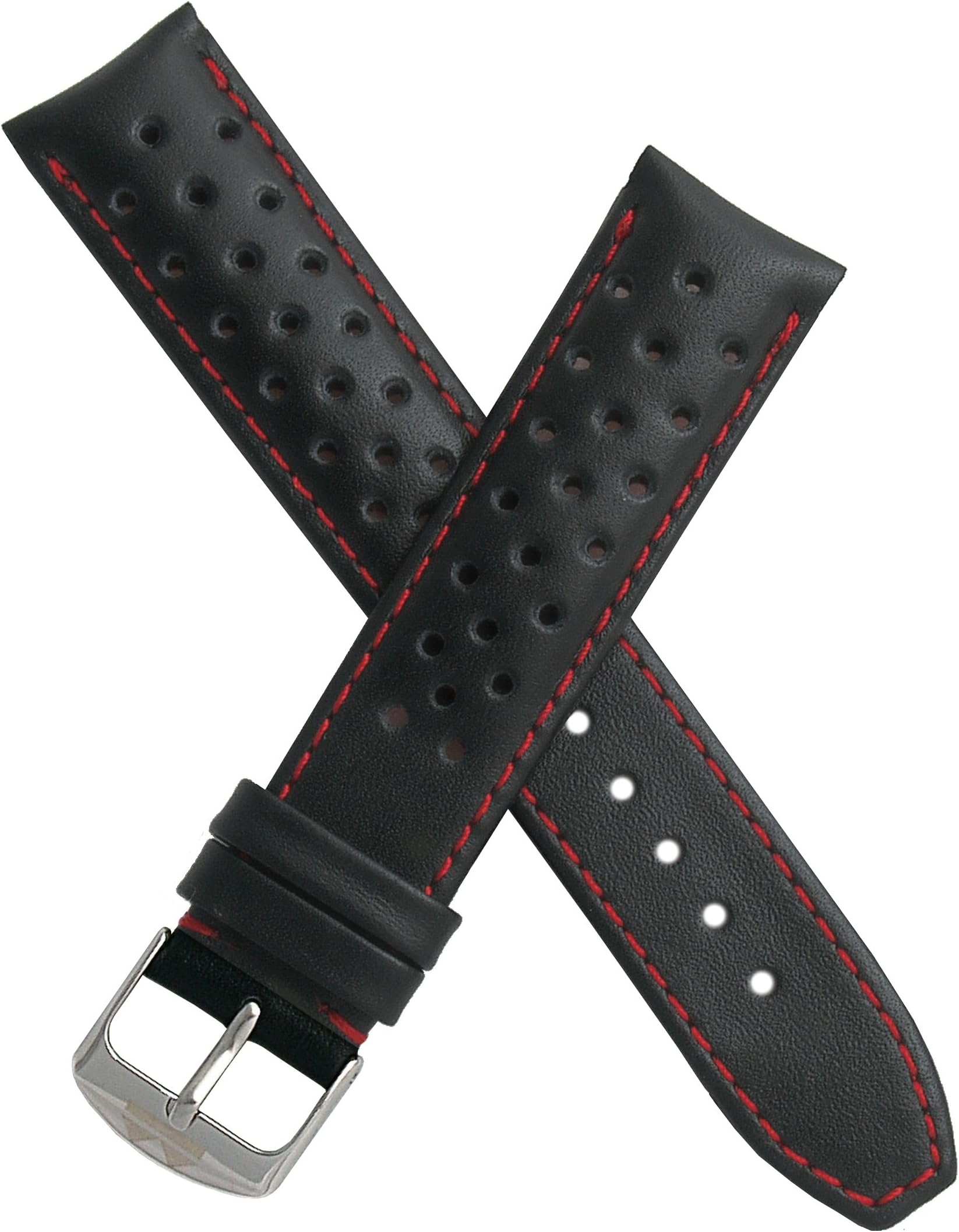 Watchstrapworld TH-20-01-0511P - 20 mm Heuer Carrera style Black sports perforated pin buckle leather watch band with red stitching - compatible with all watches with a standard 20 mm lug width