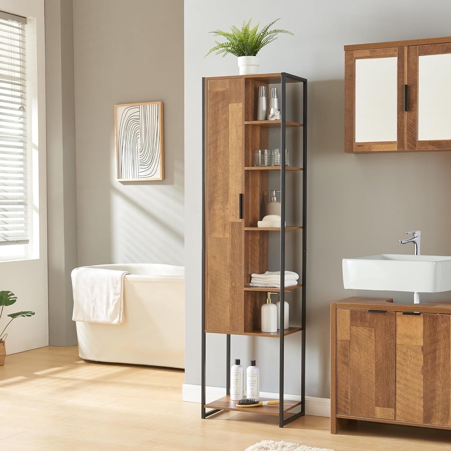 [en.casa] Mobile a Colonna per Bagno Armadio Alto Stretto con Anta e Ripiani Arredo Bagno 165 x 42,5 x 30 cm Nero/effetto Legno Intarsiato color Noce