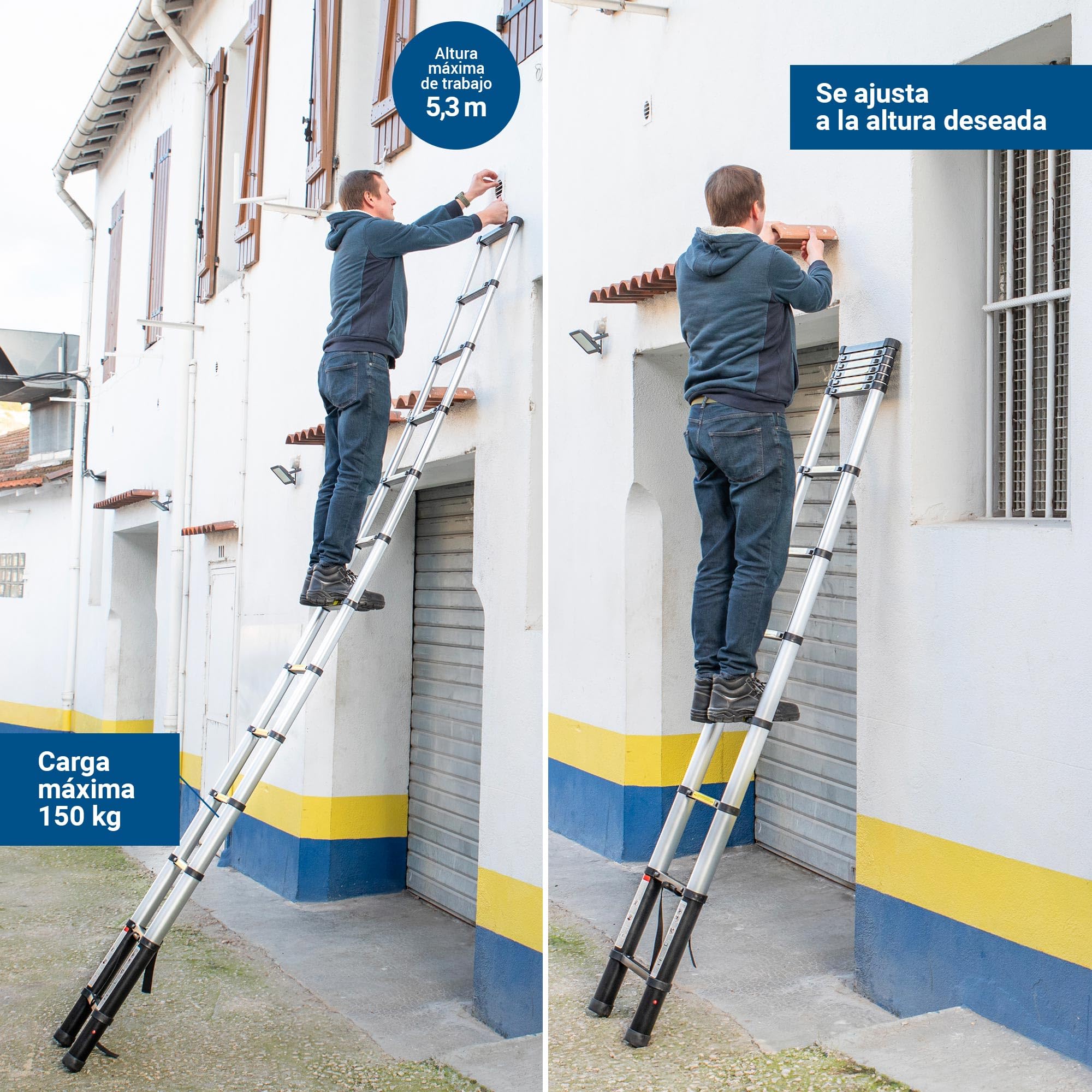 HOSTRÖM Escalera telescópica de 4,4 m TELESCOO15, Aluminio, Plegable, Extensible, Altura máxima de Trabajo 5,3 m, Norma EN131, garantía de 5 años.