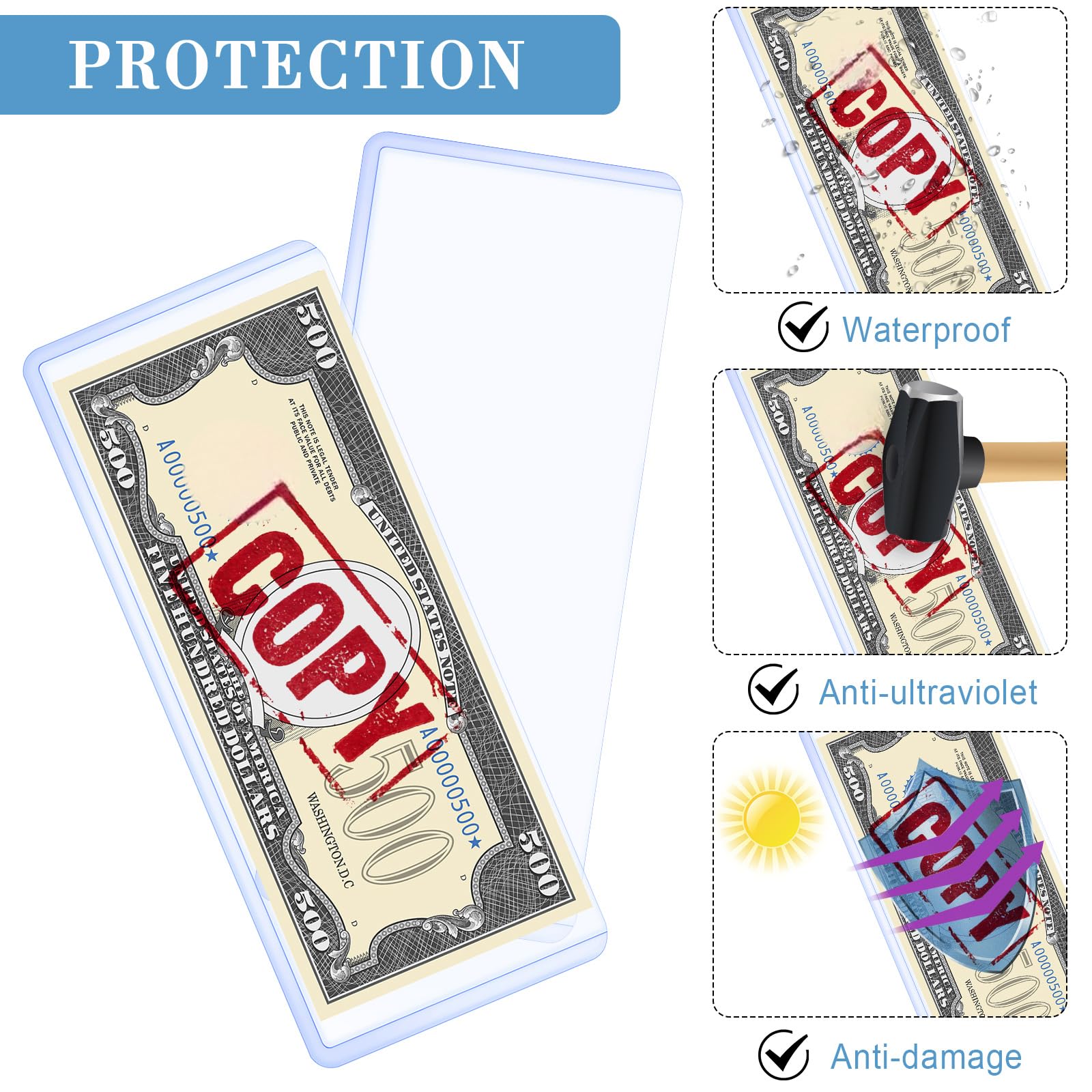 Soporte transparente de PVC para billetes, fundas transparentes para billetes de moneda, soporte de exhibición de billetes para billetes regulares, suministros de funda protectora, 6.9 x 2.95 pulgadas