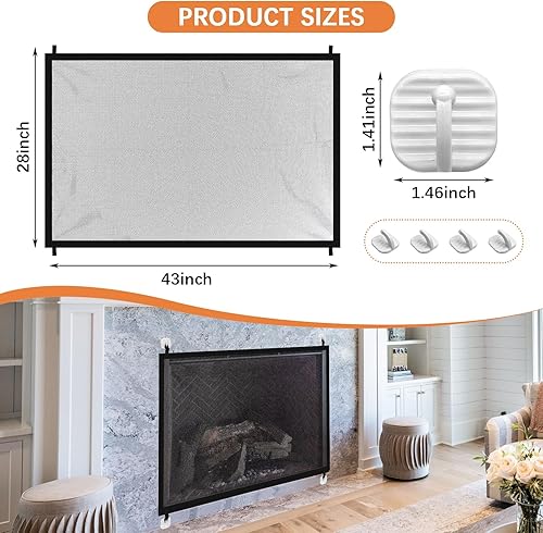 Miniatura 4 de Puerta de seguridad para chimenea, 43 x 28 pulgadas, instalación sin taladro, barrera de malla de poliéster para bebés y mascotas para chimenea de