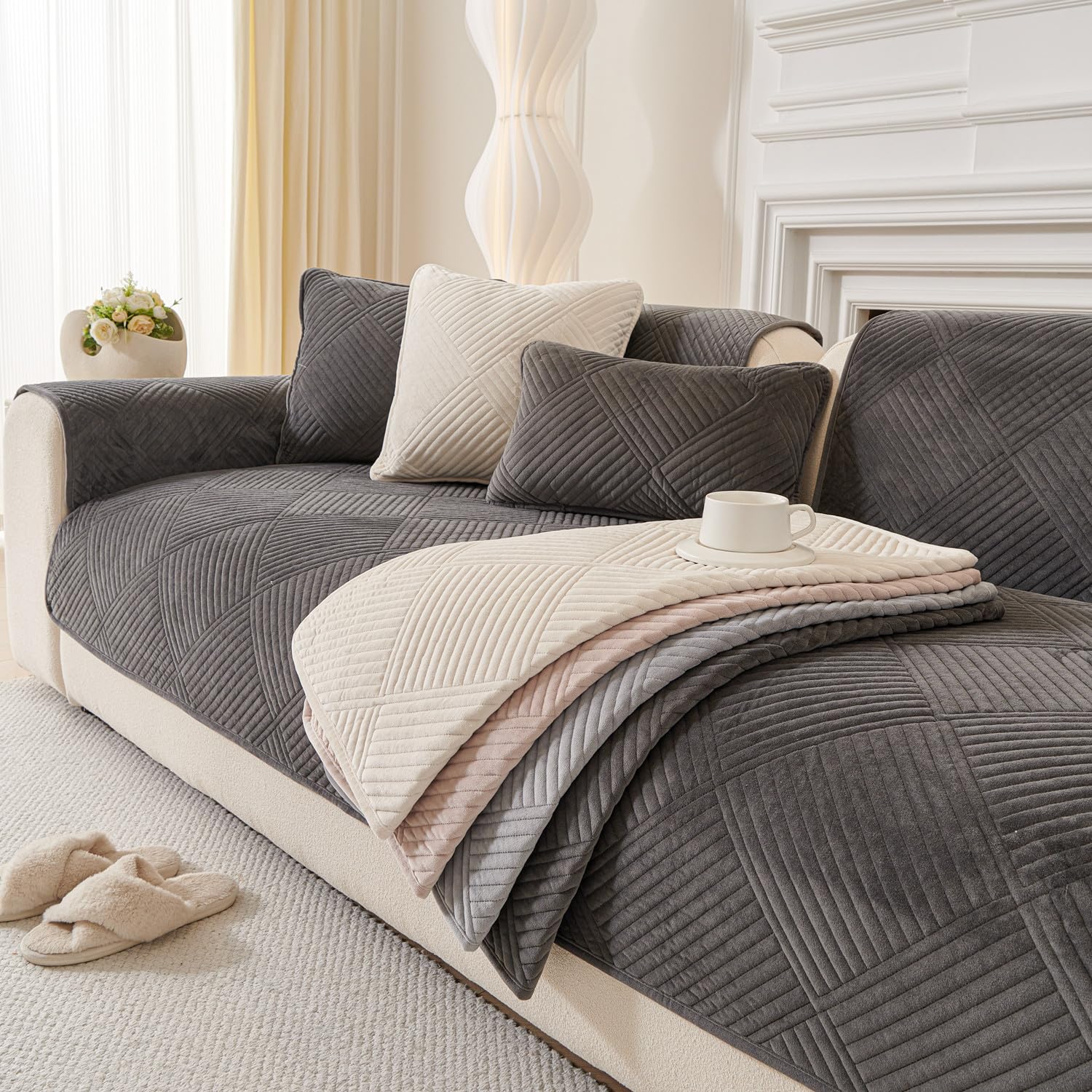 Furnestorica Sofabezug Vollschutz rutschfest waschbar, 1/2/3/4 Sitzer, Universal für L-förmige U-Ecke Sofa