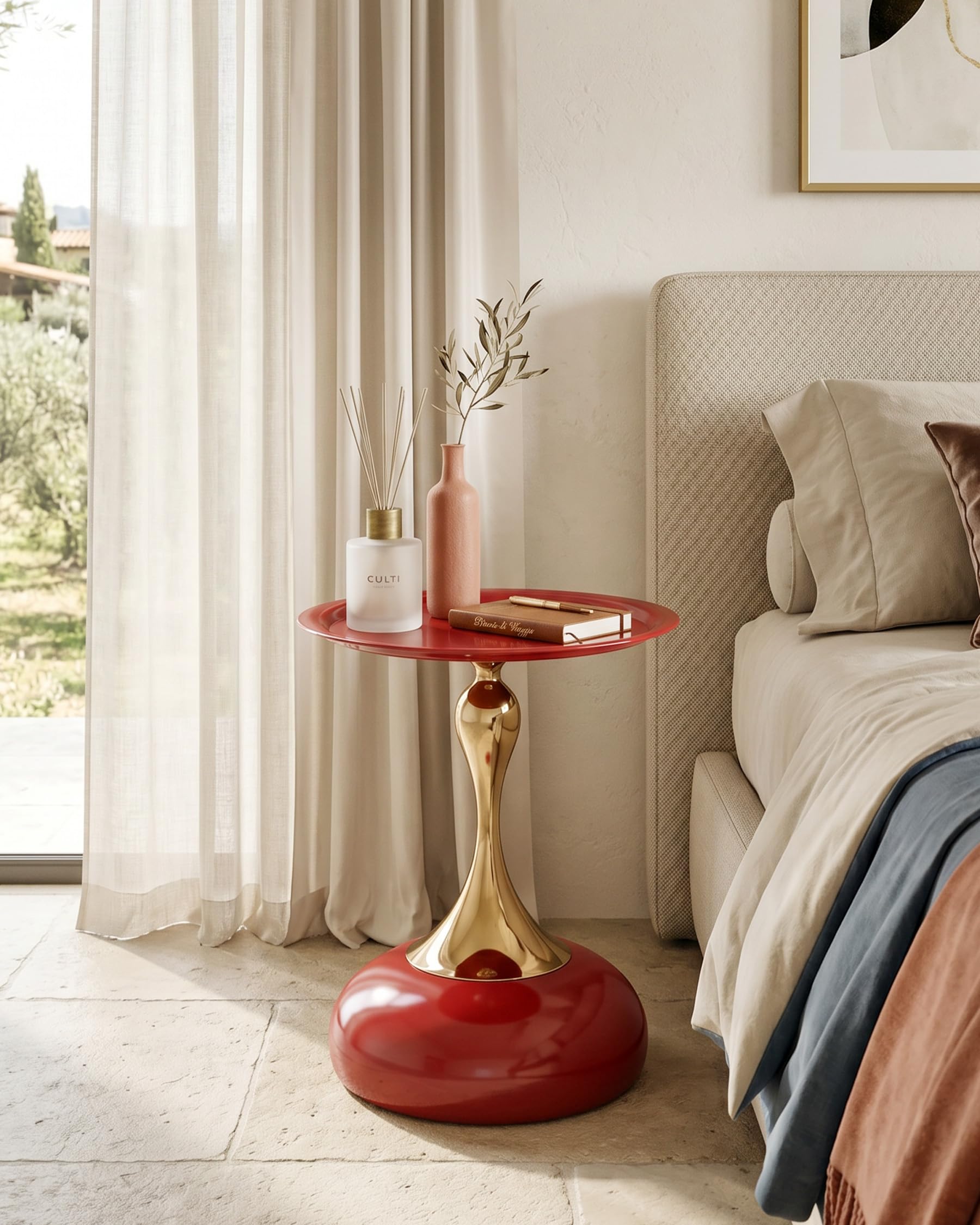 Juego de 2 Mesa Auxiliar de Metal para Interior y Exterior Pequeña Mesa de Centro y Sofá Redonda Moderna de Diseño Mesitas Auxiliares Rojo y Oro, 40x53 cm