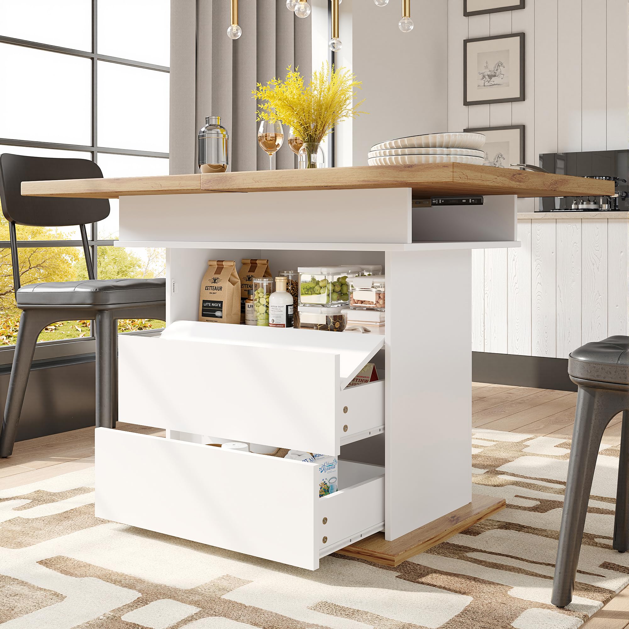 Mesa de comedor telescópica, mesa de cocina plegable para 4-6 personas, mesa de comedor extensible, ahorra espacio, para cocina y salón, tres niveles, 110-140 x 80 cm (blanco)