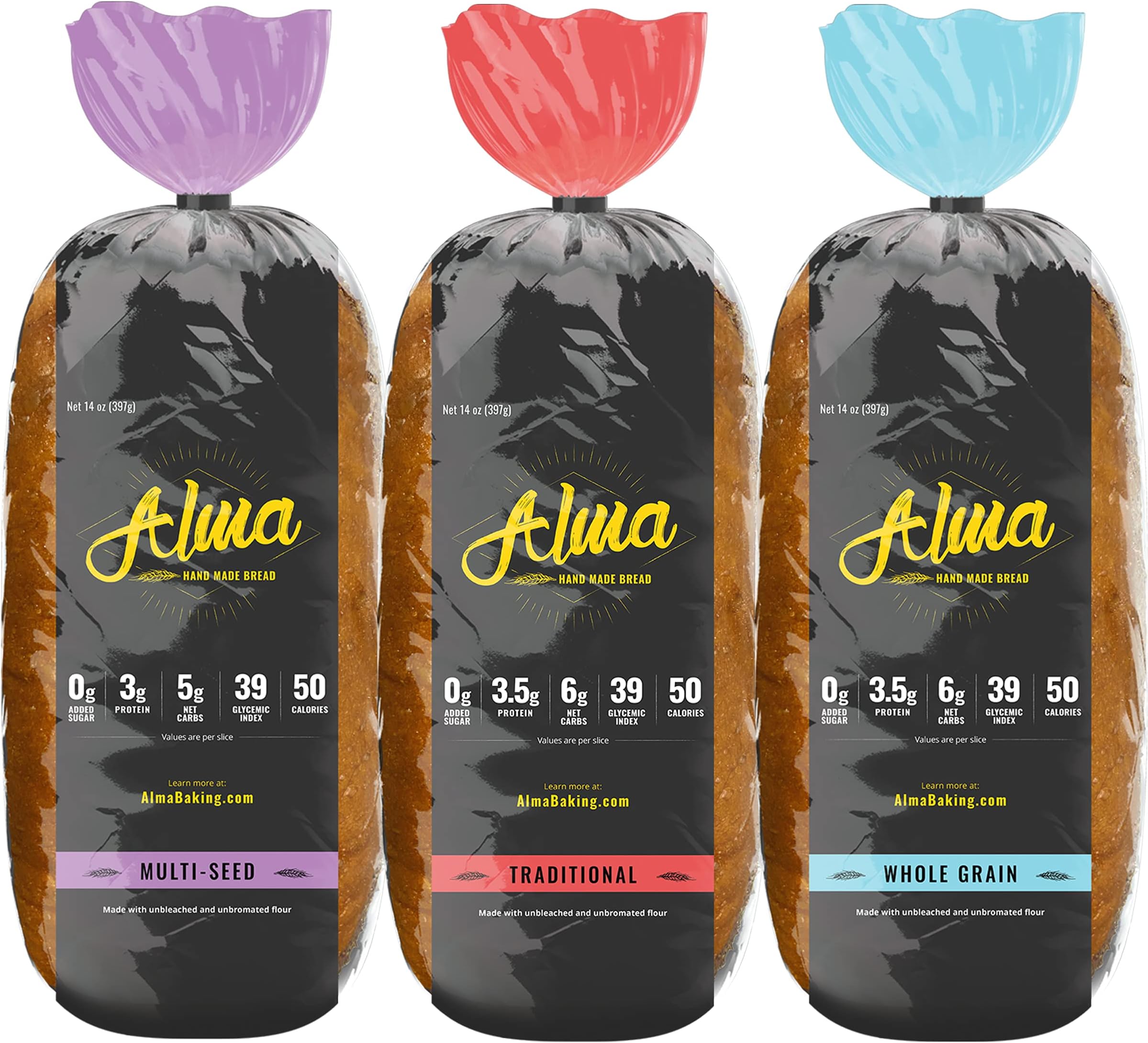 Alma Baking Bread – Low Carb, Low Glycemic, Keto Friendly, Low Calorie, Sugar Free – Sliced Loaf Sandwich Bread (Variety Sampler, 14 Ounces (Pack of 3))