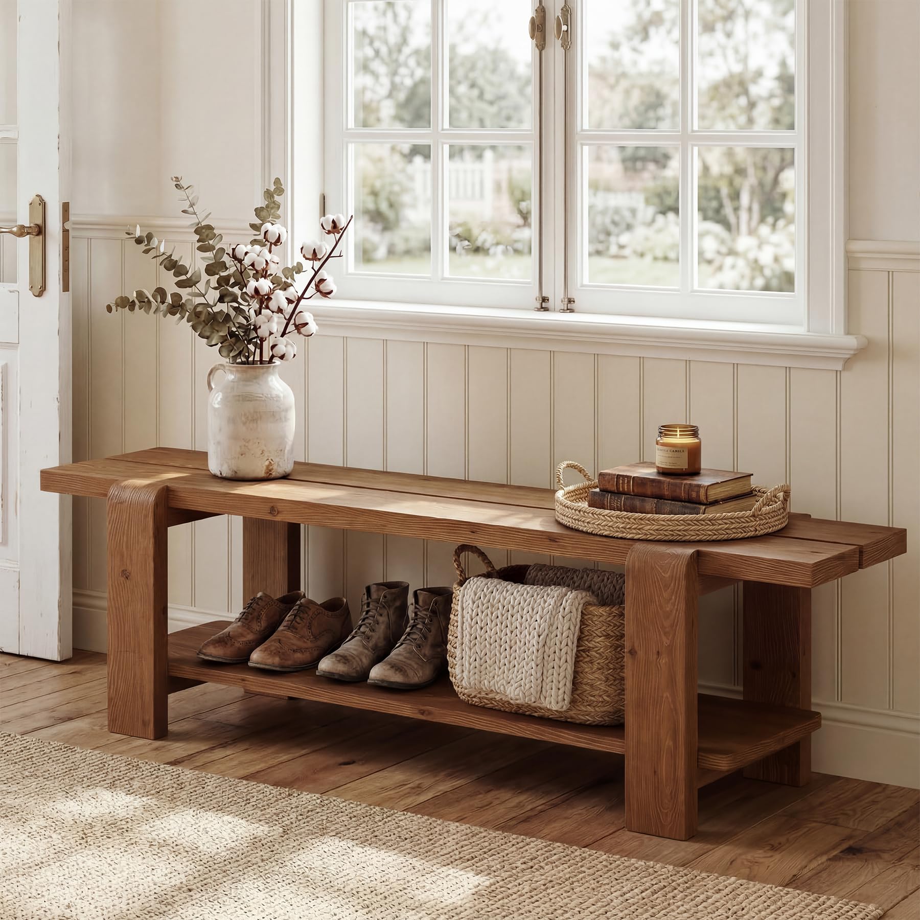 Solid Wood Entryway Bench with Shoe Storage Shelf, 63-Inch Long Farmhouse Entry Shoe Bench, End of Bed Bench for Bedroom, Hallway, Living Room, Mudroom, Rustic Brown