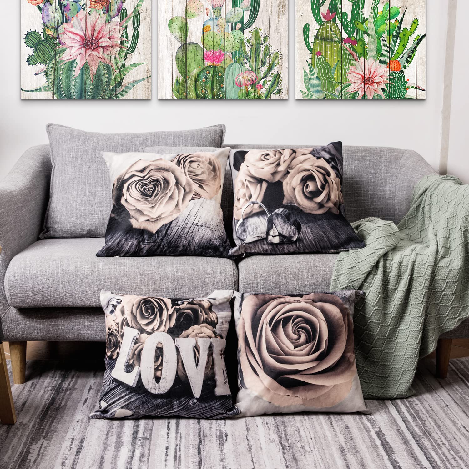 Beige Flower Throw Pillow Covers Grey Rose Pattern Pillow Case Decorative 18x18” Set of 4, Square Cushion Cases Cotton Linen for Bedroom Living Room