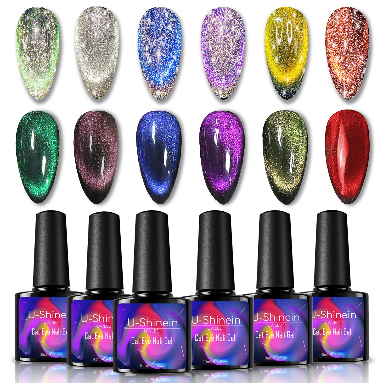 U-Shinein 6 Colors Diamond Glitter Cat Eye Gel Nail Polish Set Shimmer Reflective Effect Magic Gel Nail Polish Kit Shining Cat Eye Magnetic Manicure Gel Rainbow Magnetic DIY Manicure Art Cat Eye Glue