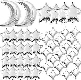 50pcs Silver Moon and Star Balloons，36"Moon Foil Balloons 18"10" Star Foil Balloons Four Pointed Star Balloon Mylar Balloon for Baby Shower Christmas Anniversary Wedding Birthday Party