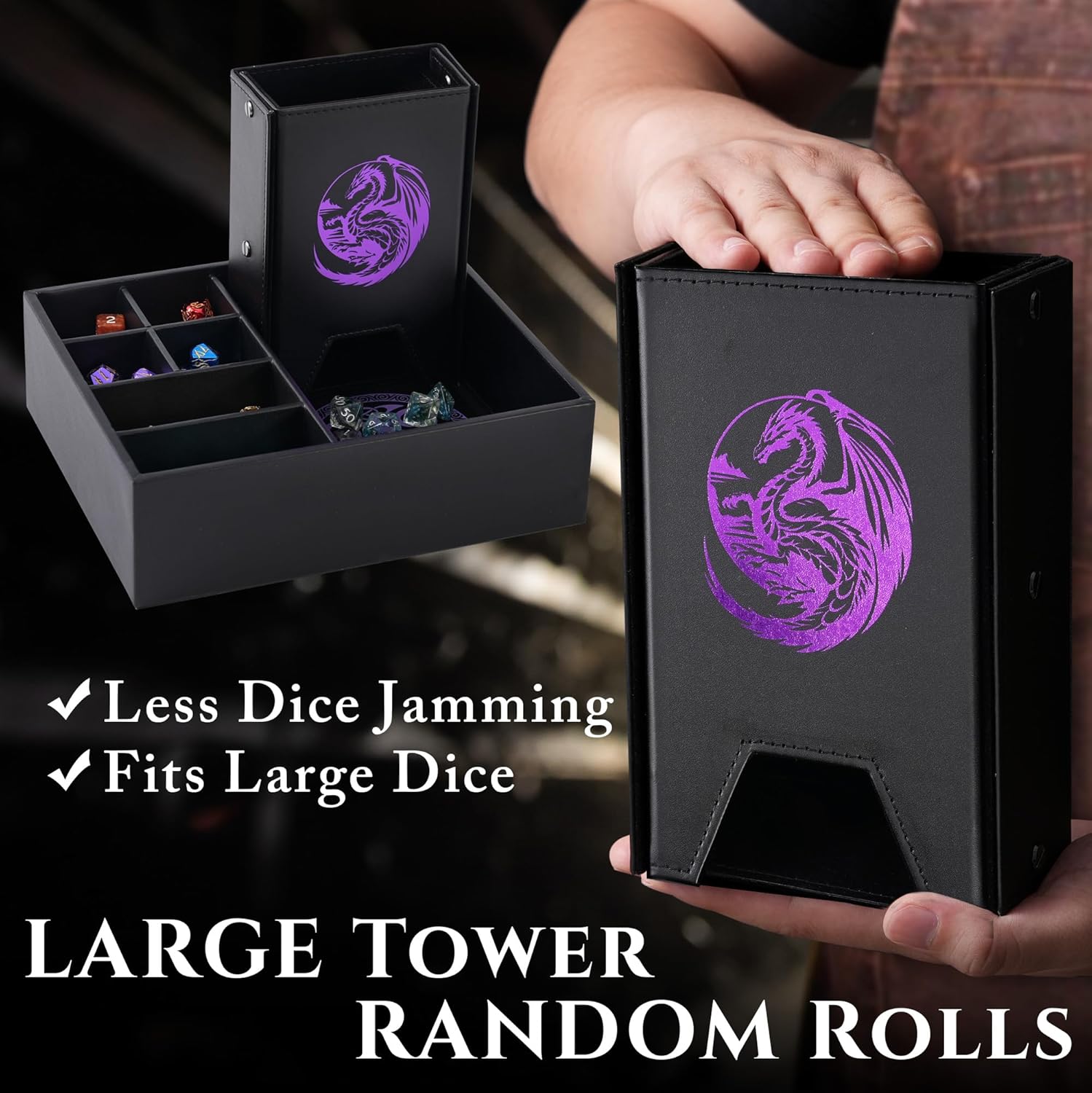 Soar Forge Dice Tray and Dice Tower for DND and RPG - All-in-One Game Roamer Tray & Large Tower for Random Rolls - Stores Your Sets, Mini's and More Compatible with D&D Gift Accessories(Purple Dragon)