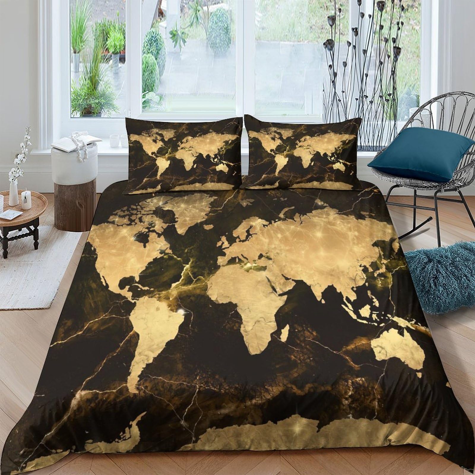 Ctjqhvkz Style-7 3D Printed Gold World Map Fitted Sheet Microfiber Anti-Slip Black Marble Mattress Cover Bedroom Decor Machine Washable Single（135X200cm）