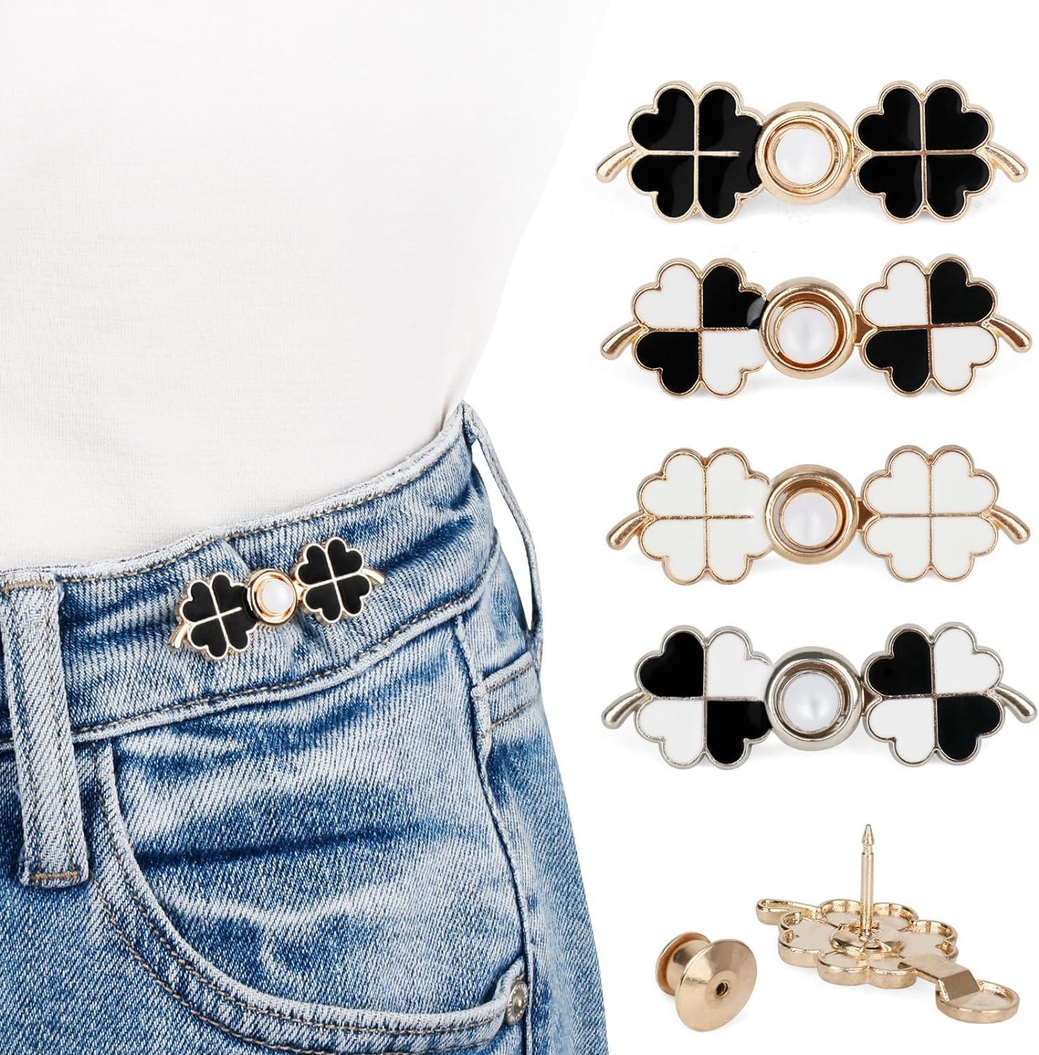 Kawn® 4pcs Pant Waist Button for Loose Jeans, Adjustable Detachable Jeans Button Pins, Removable Reusable Instant Button Without Sewing for Trousers Pants Bags Skirt (4pcs Leaf Clover_Button)