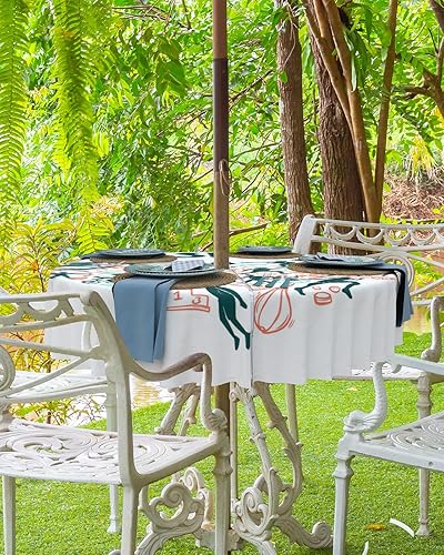 Miniatura 3 de IDOWMAT Outdoor Tablecloth with Umbrella Hole and Zipper - 60" Round Table Cloth - Waterproof Washable I Love Sport Healthy Exercise Table Cover
