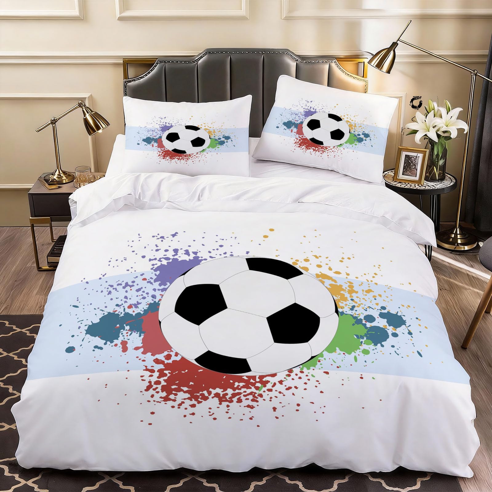 3D Football Duvet Cover Stripe Bedding Double Bed Set, Soft Microfiber Comforter Cover Printed with Zipper Closure Quilt Coverr 200x200 cm and 2 Pillowcases