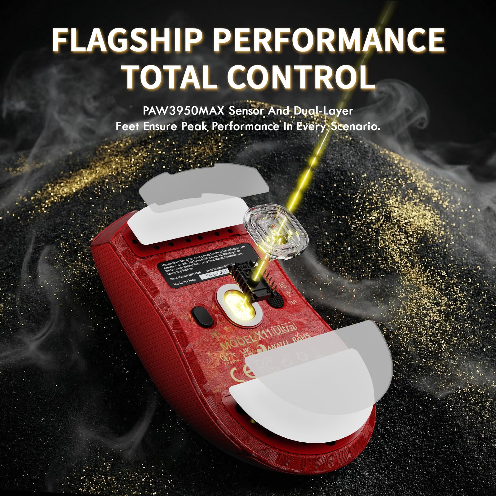 ATTACK SHARK X11 Ultra Souris Gaming sans Fil avec Câble LED C06 Ultra, Coque Composite Fibre de Carbone,54L15 MCU, PAW3950MAX, 8000Hz, BT/2.4G/Filaire,42000 DPI (Rouge-B)