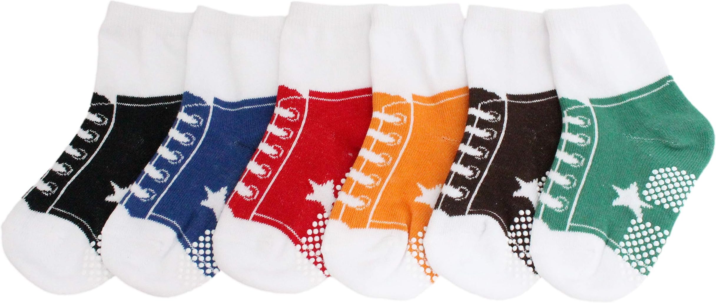 CUTE 6 PACK OF BABY BOYS GIRLS BASEBALL TRAINER STYLE ANTI SLIP GRIPS SOCKS AGE 6-12 MONTHS