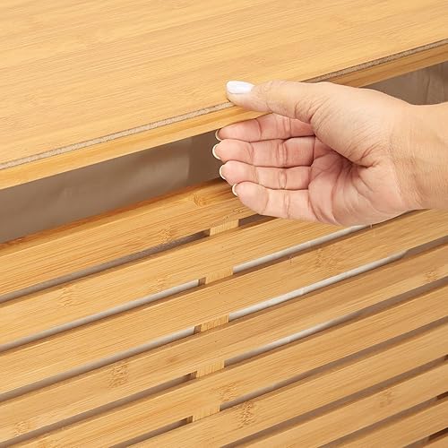 Miniatura 7 de mDesign Cesta plegable de madera de bambú con forro de tela extraíble, tapa, cesta de lavandería plegable para lavandería, baño, dormitorio,
