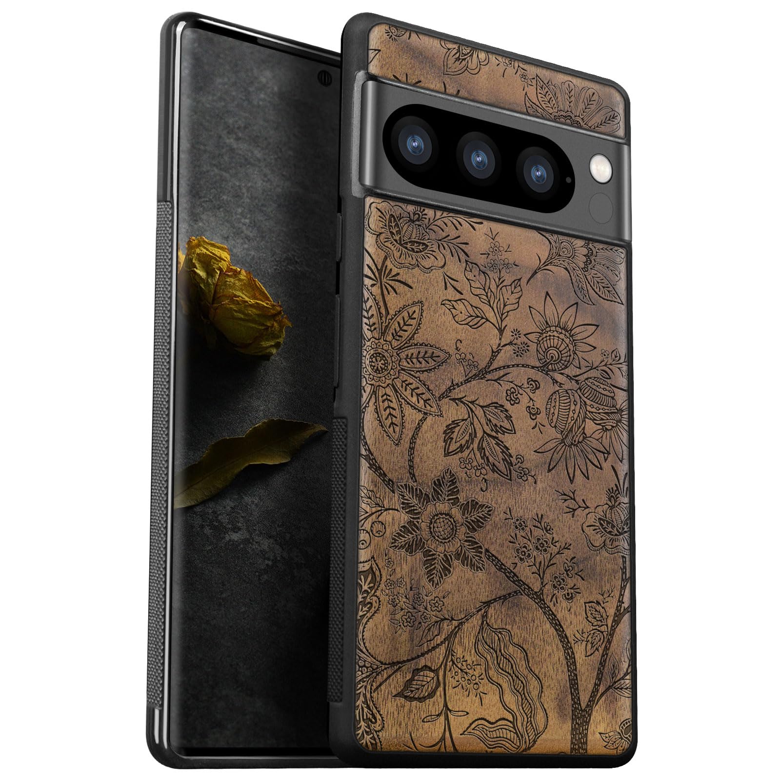 Carveit Wood Case for Pixel 8 Pro Case [Natural Wood & Black Soft TPU] Shockproof Protective Unique Wooden Cover Compatible with Google Pixel 8 Pro (