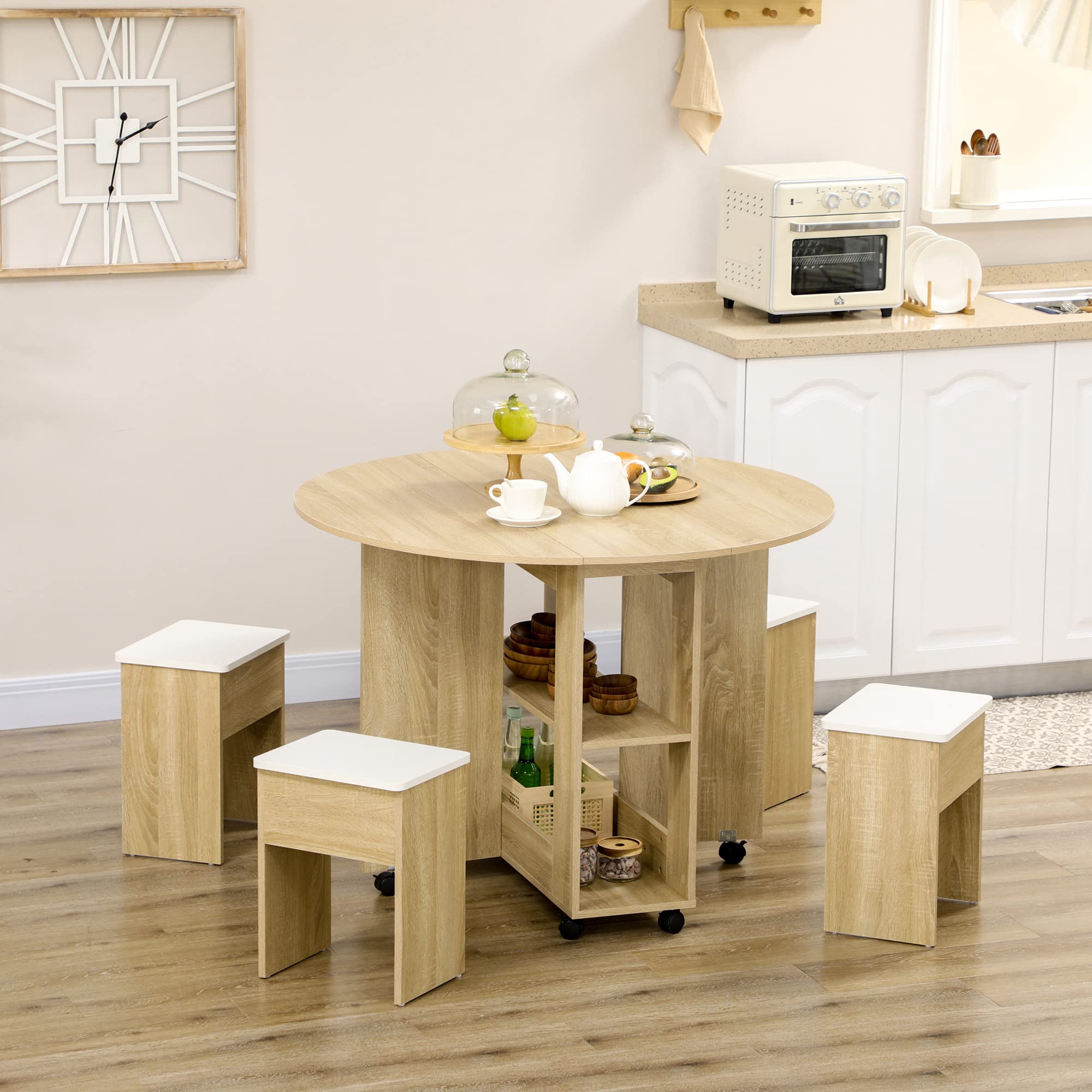 HOMCOM Set Tavolo e Sedie 5 Pezzi in Truciolato, Tavolo Rotondo Pieghevole con 2 Ripiani Aperti e 4 Sgabelli color Rovere