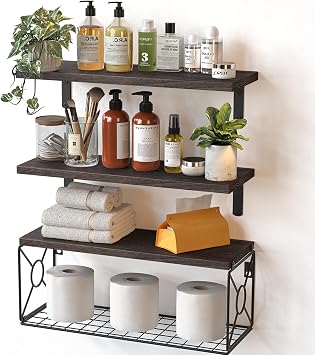Amada Bathroom Shelves Over Toilet with Storage Basket, Floating Wall Shelf for Home Organization & Wall Decor, Bathroom/Kitchen/Living Room ShelvesRustic Brown